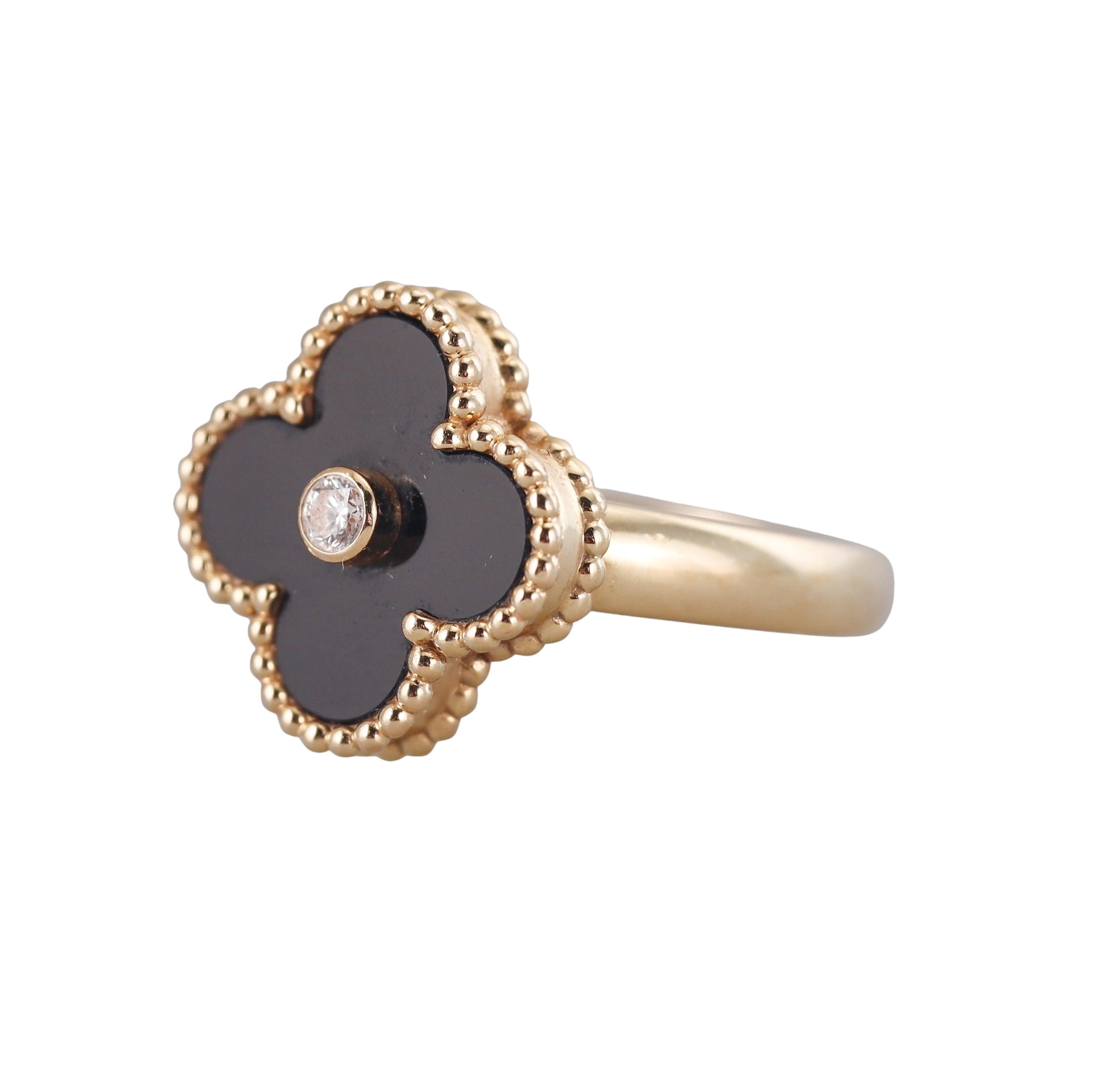 Van Cleef & Arpels Vintage Alhambra Onyx Diamond Gold Ring
