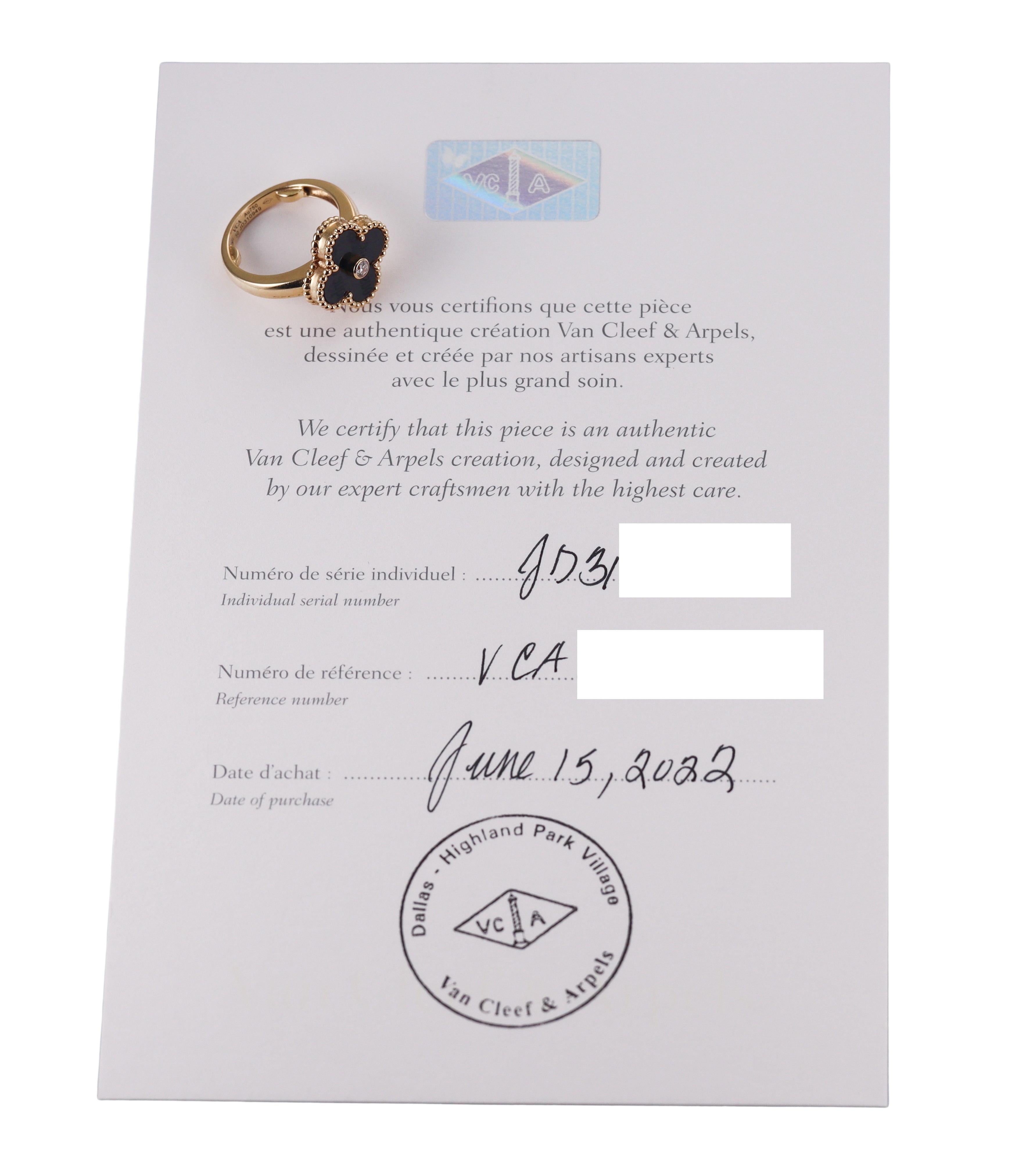 Van Cleef & Arpels Vintage Alhambra Onyx Diamond Gold Ring