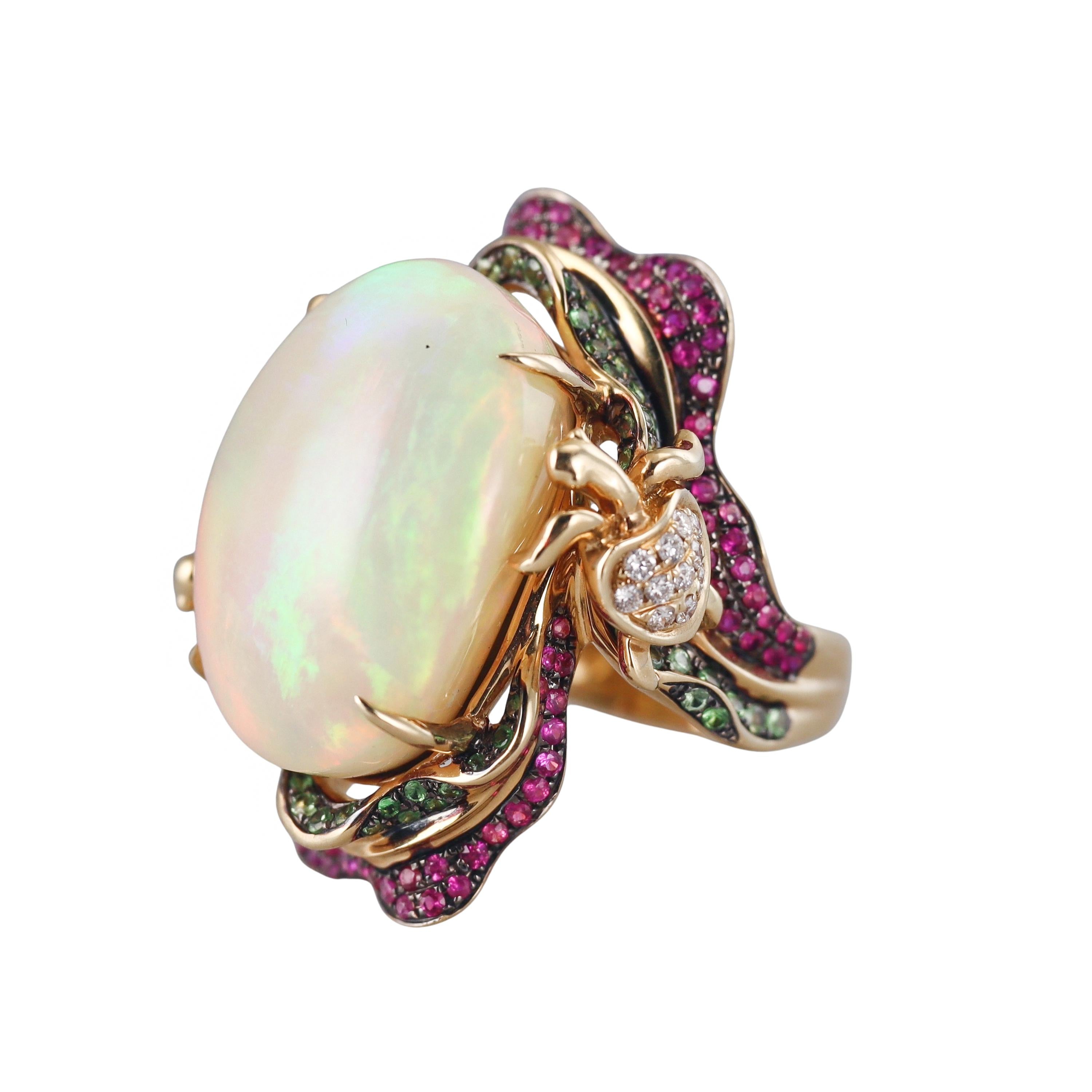 25.52ct Opal Ruby Diamond Tsavorite Gold Turtle Cocktail Ring