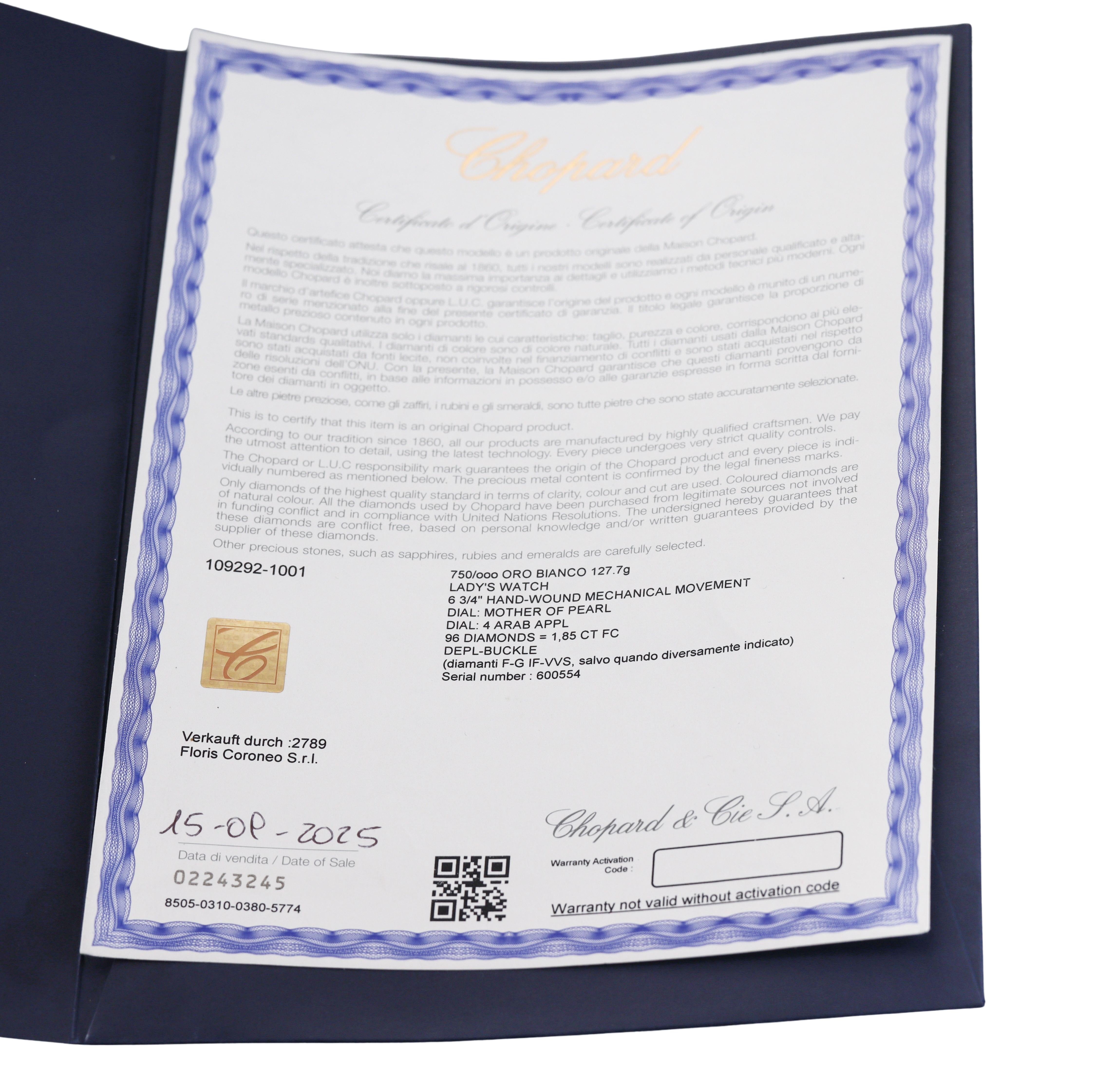 Chopard Diamond Mother of Pearl White Gold Mechanical Ladies Watch