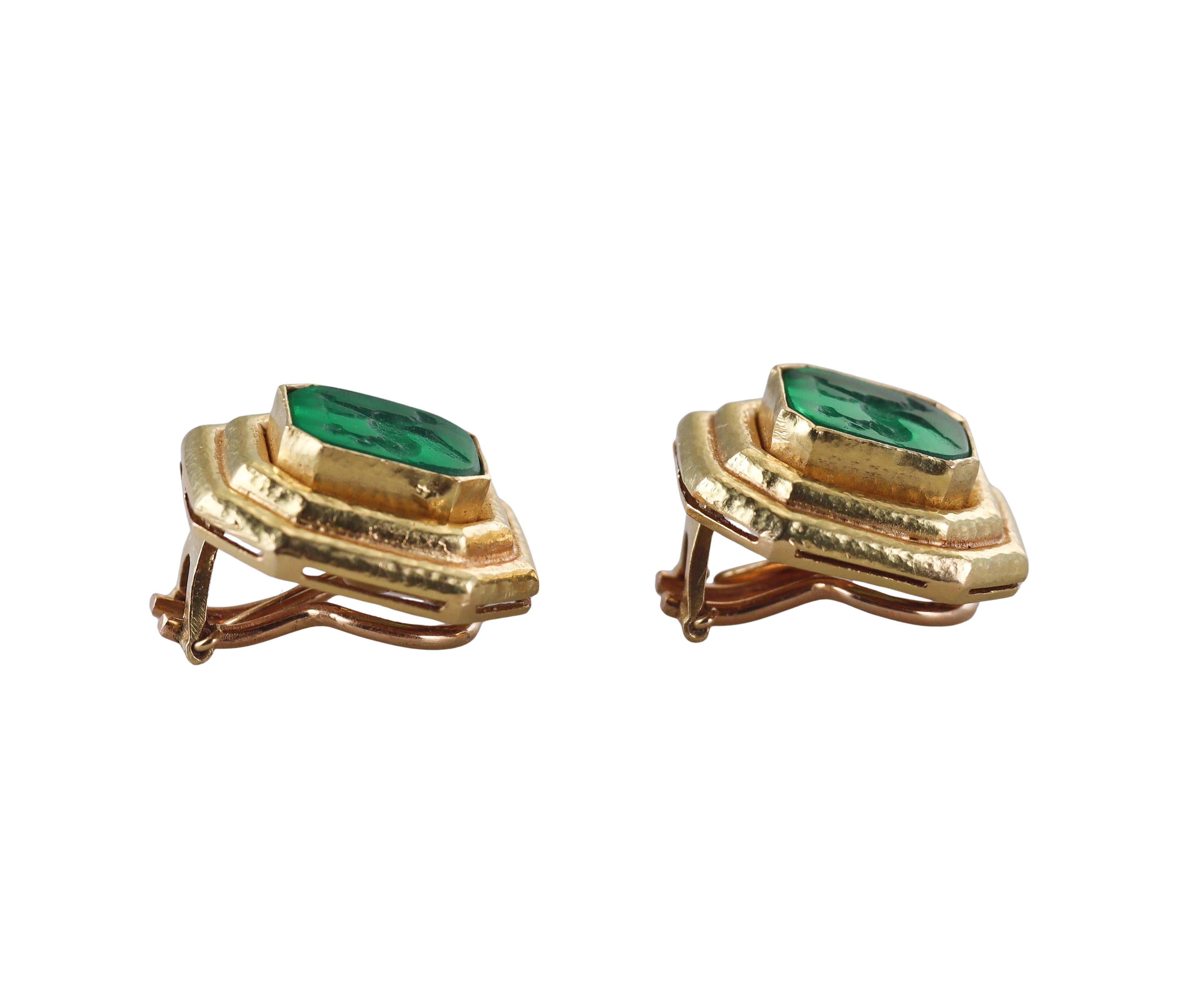 Elizabeth Locke Green Venetian Glass Intaglio Gold Earrings