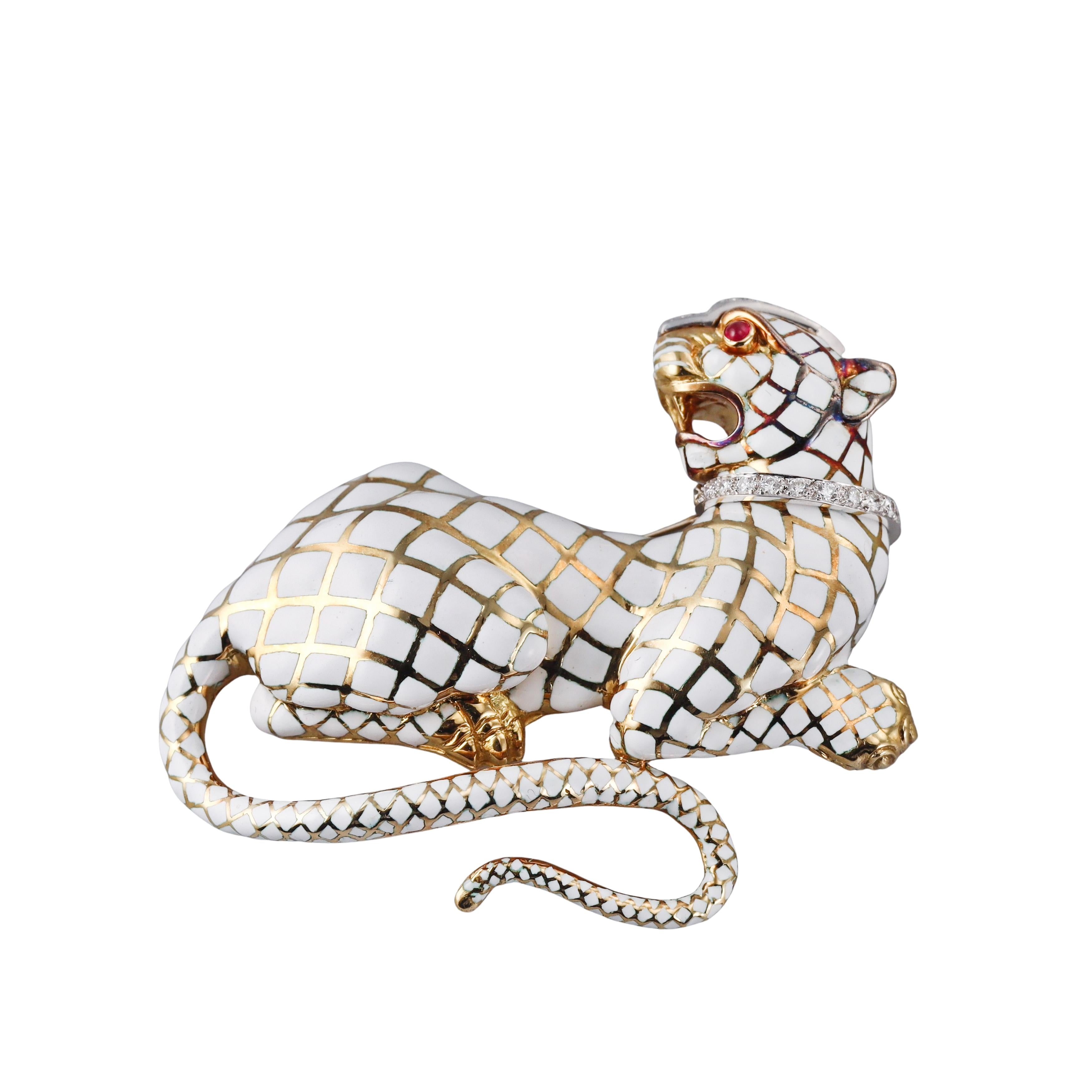 David Webb Kingdom Diamond Ruby Enamel Gold Platinum Panther Brooch