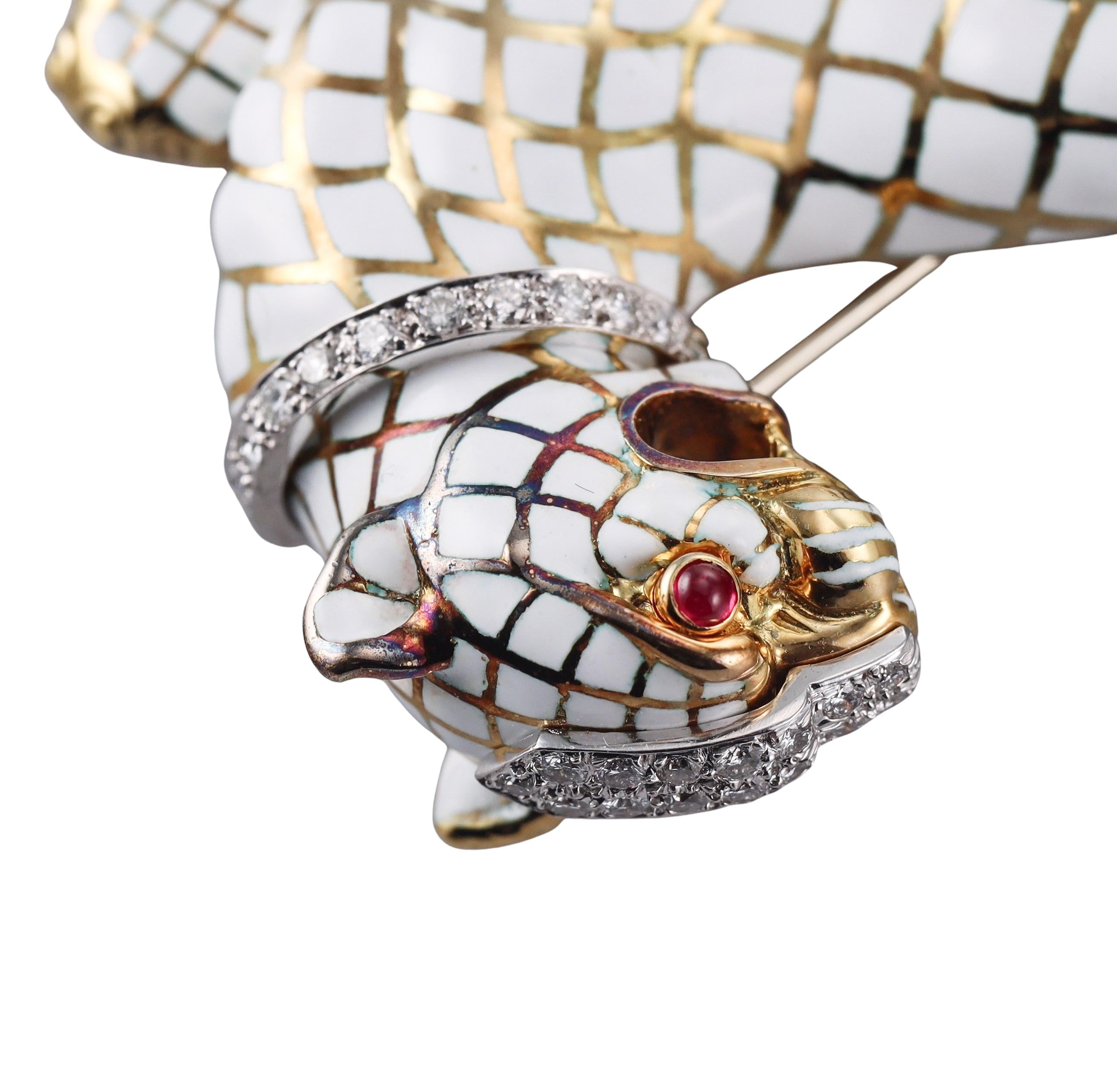 David Webb Kingdom Diamond Ruby Enamel Gold Platinum Panther Brooch