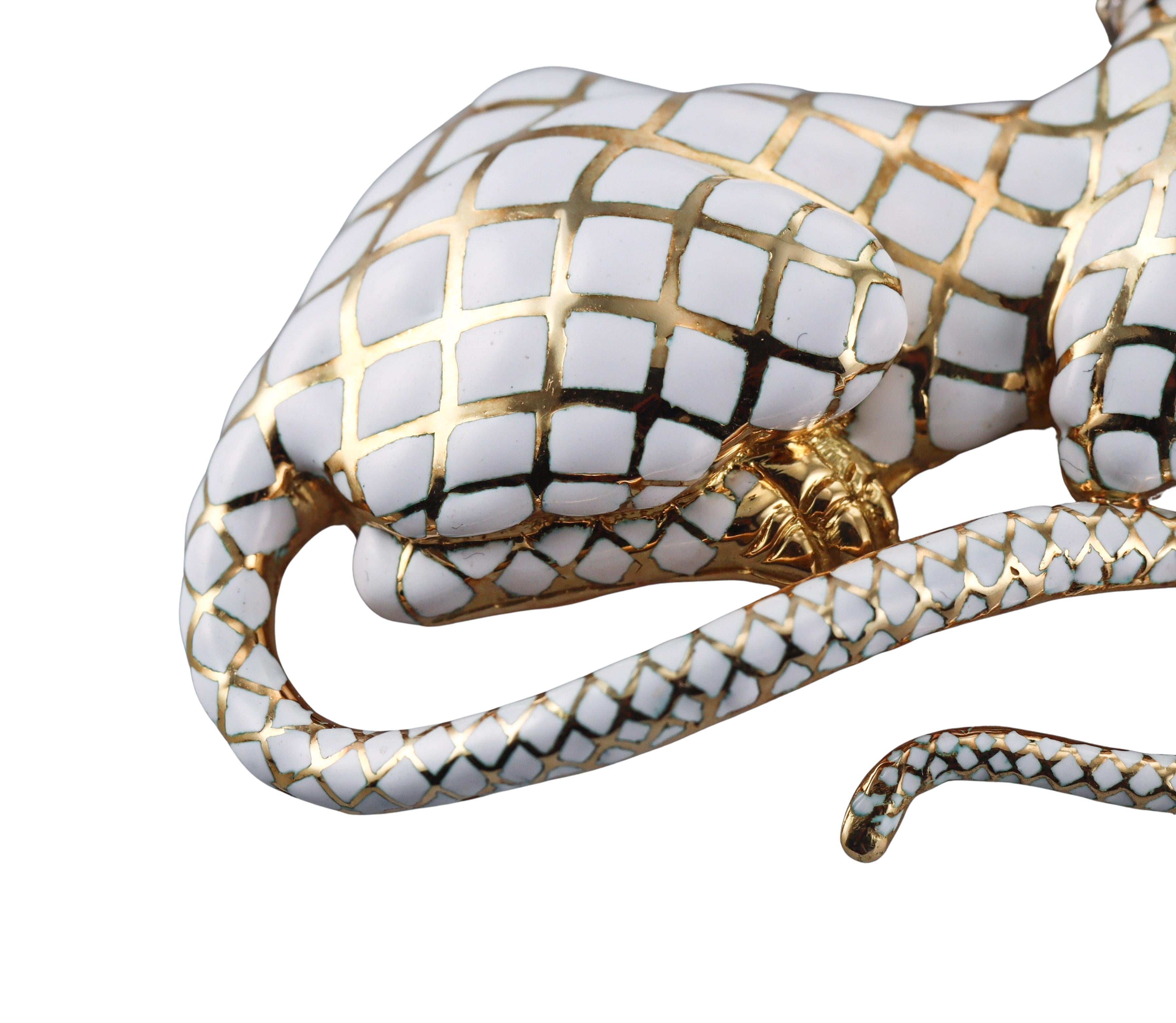 David Webb Kingdom Diamond Ruby Enamel Gold Platinum Panther Brooch