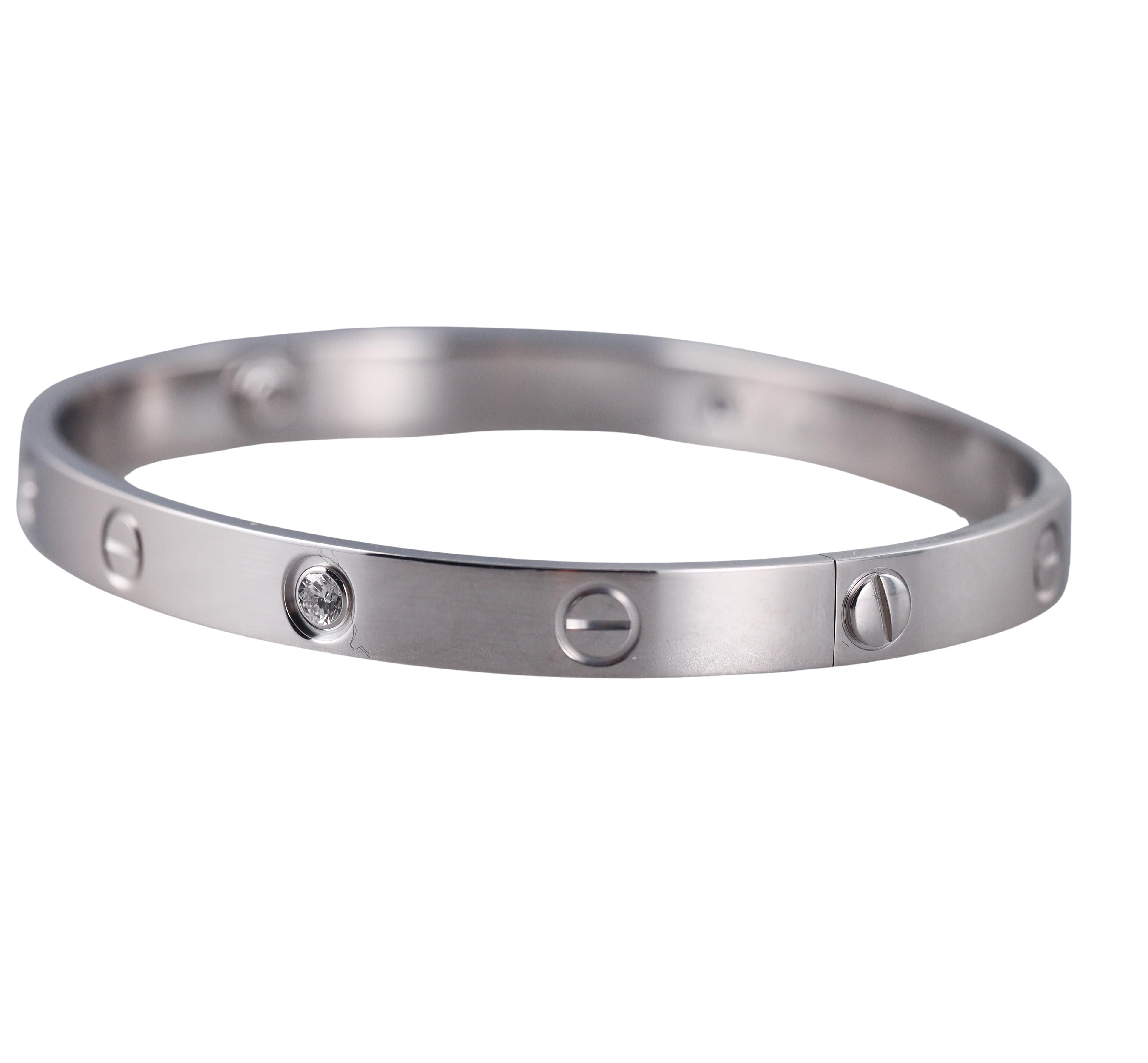 Cartier Love 4 Diamond White Gold Classic Model Bracelet Size 18