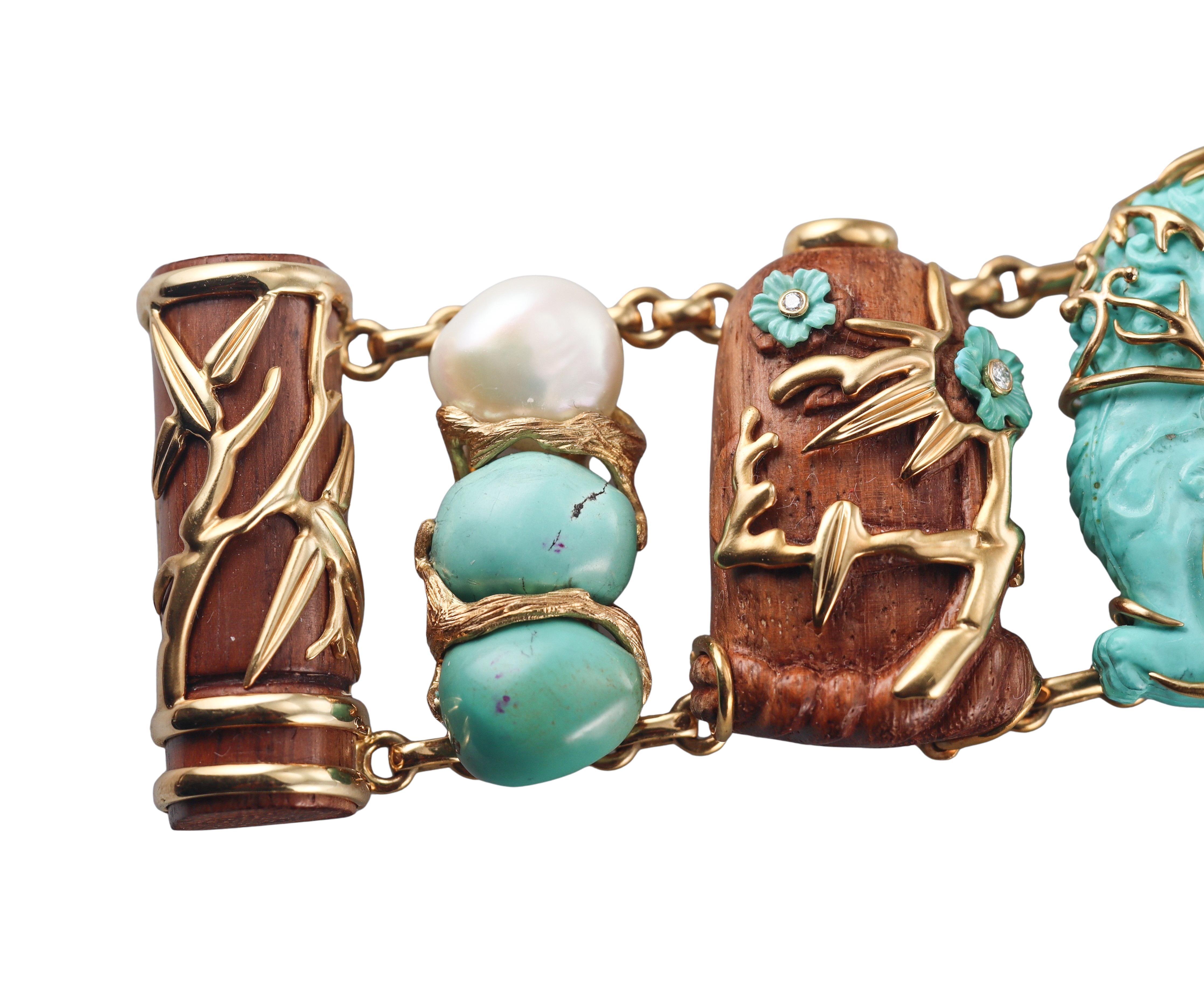 Seaman Schepps Snuff Bottle Turquoise Coral Wood Gold Bracelet