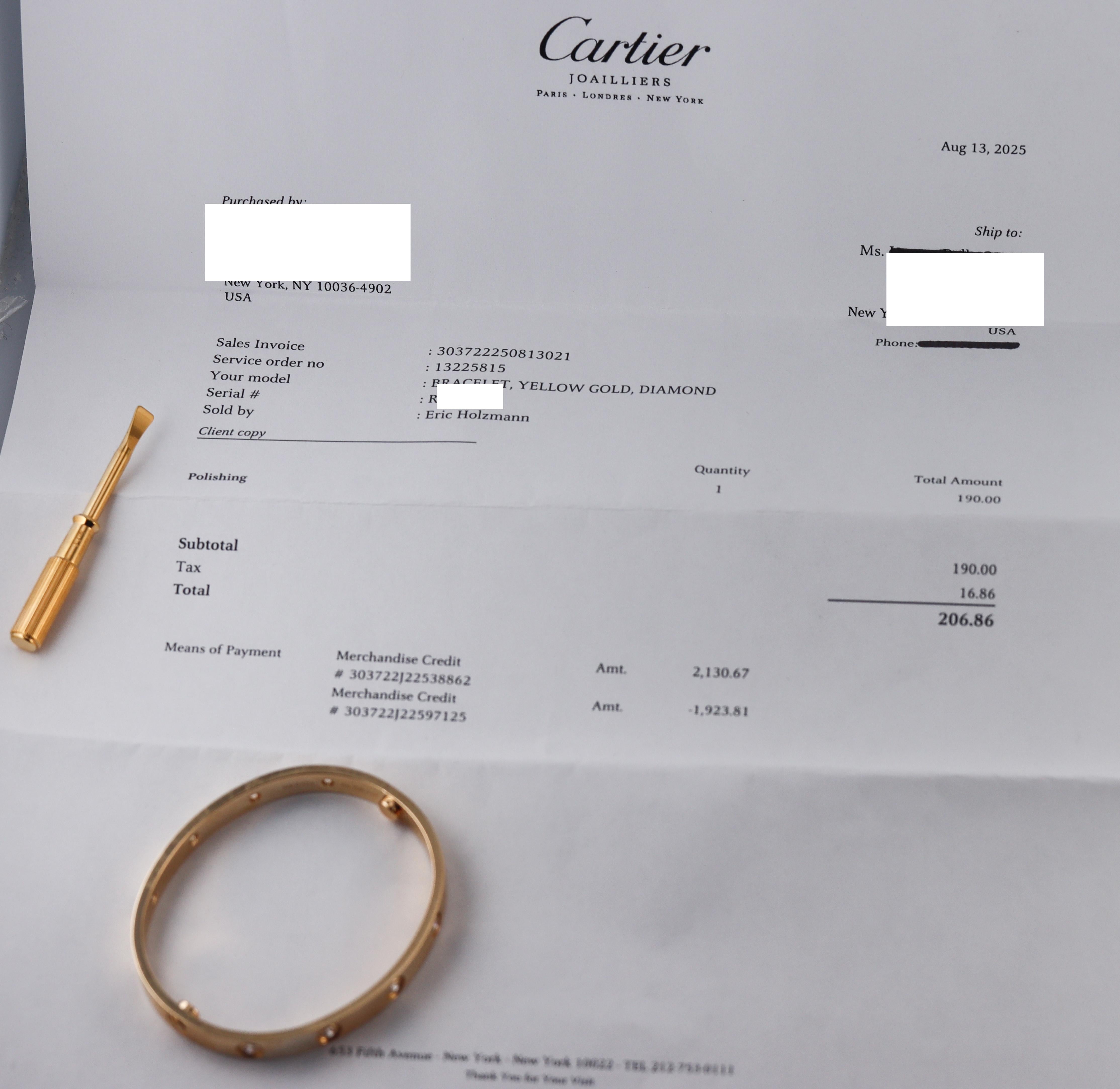 Cartier Love 10 Diamond Yellow Gold Classic Model Bracelet Size 16