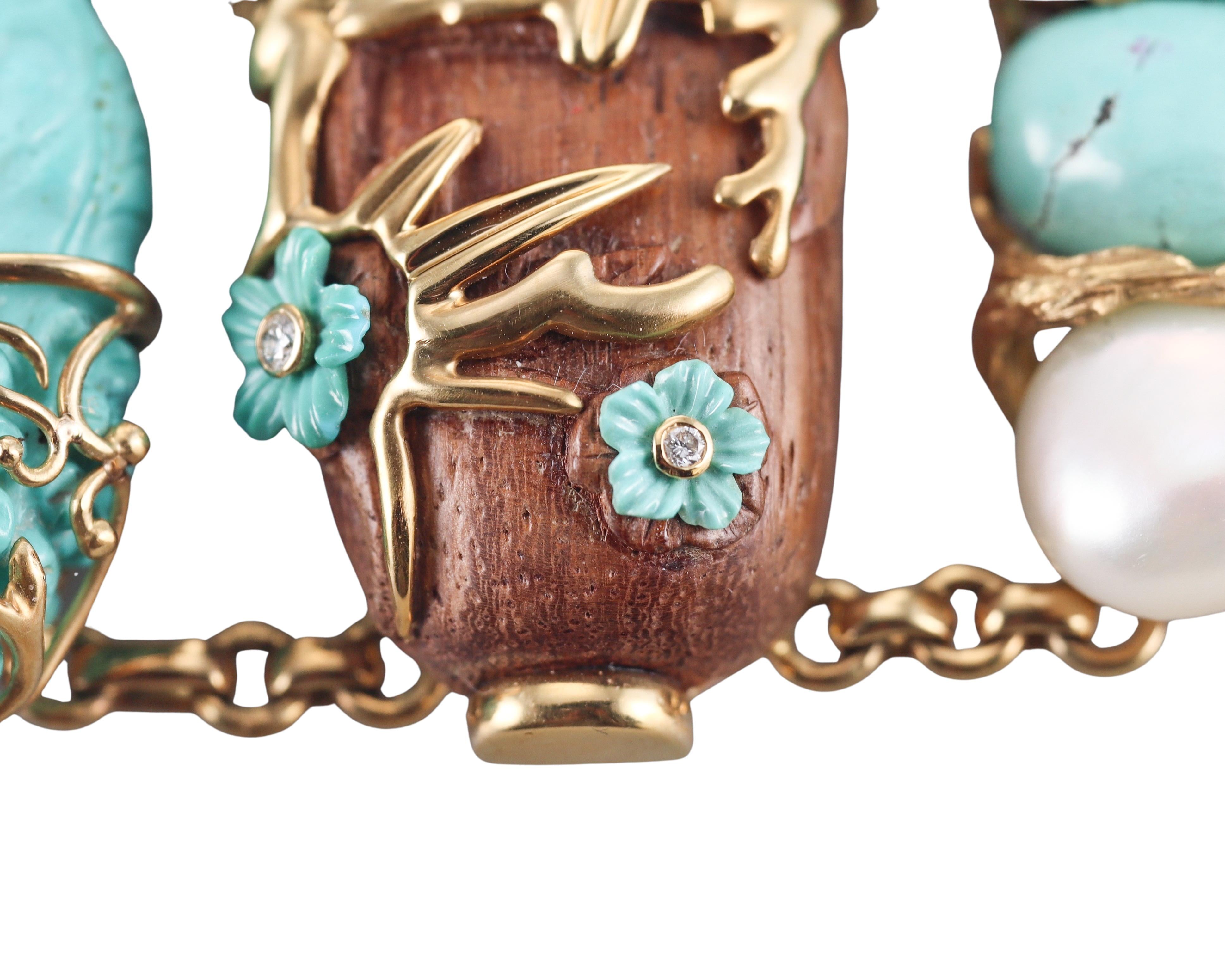 Seaman Schepps Snuff Bottle Turquoise Coral Wood Gold Bracelet