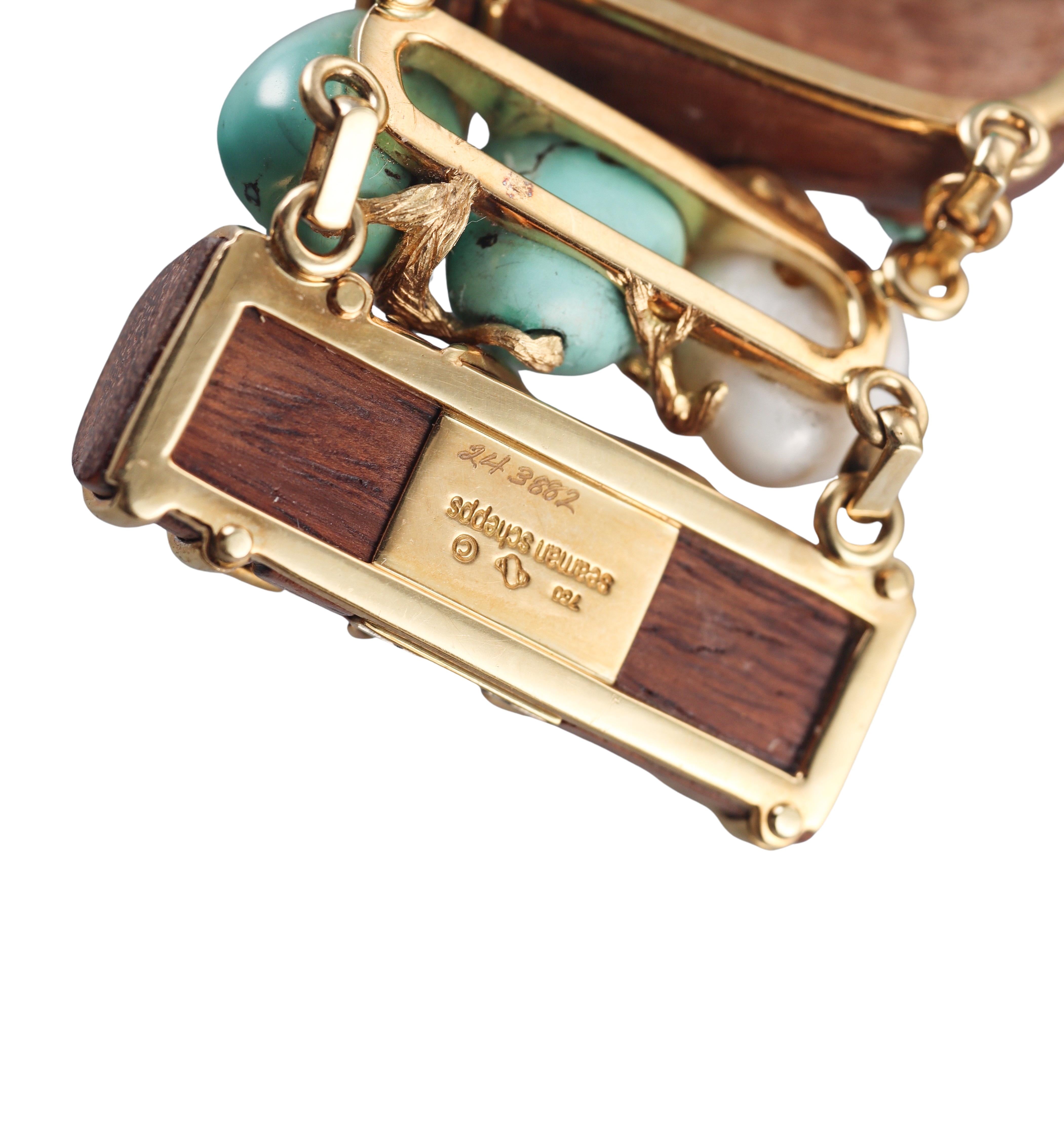 Seaman Schepps Snuff Bottle Turquoise Coral Wood Gold Bracelet