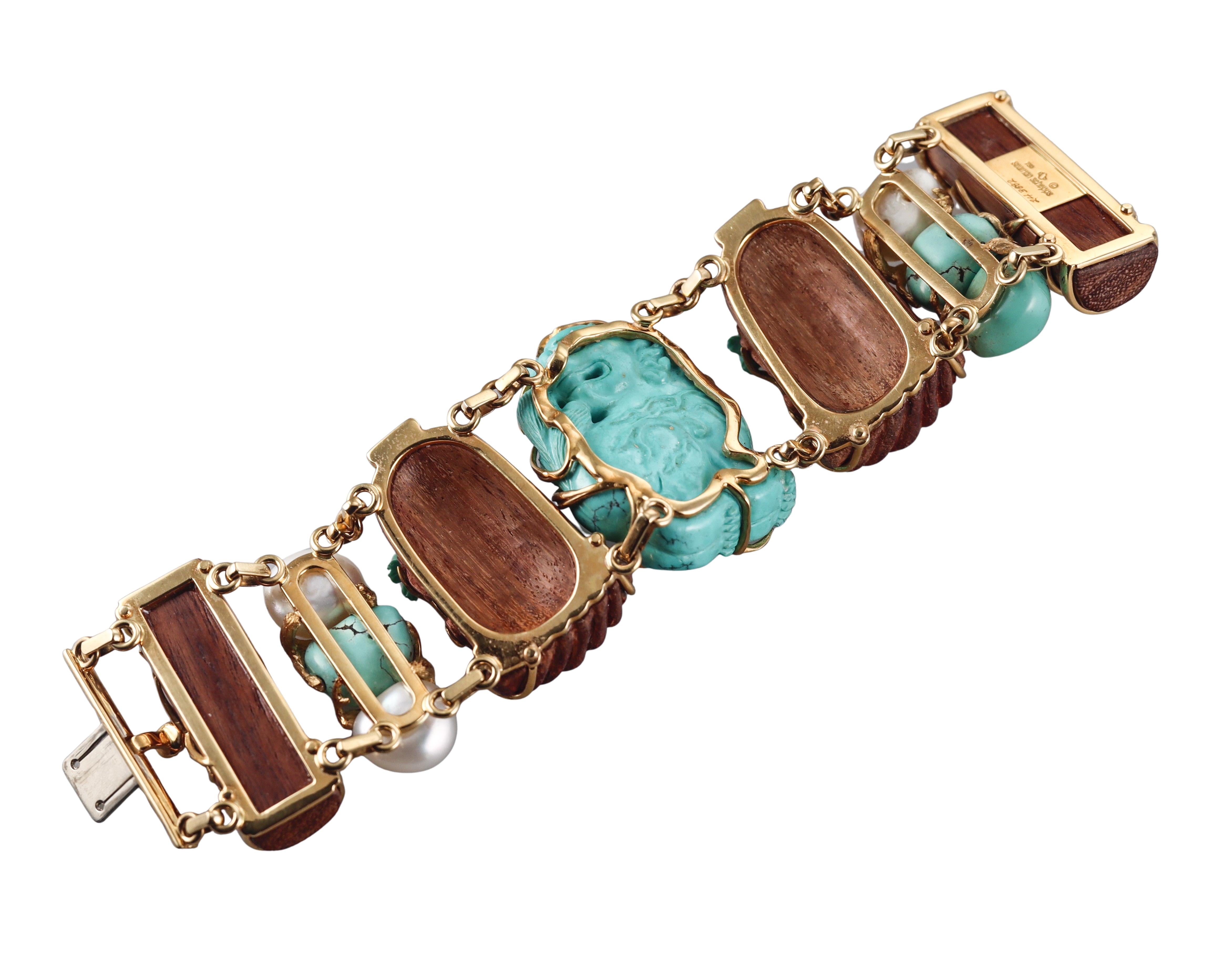 Seaman Schepps Snuff Bottle Turquoise Coral Wood Gold Bracelet