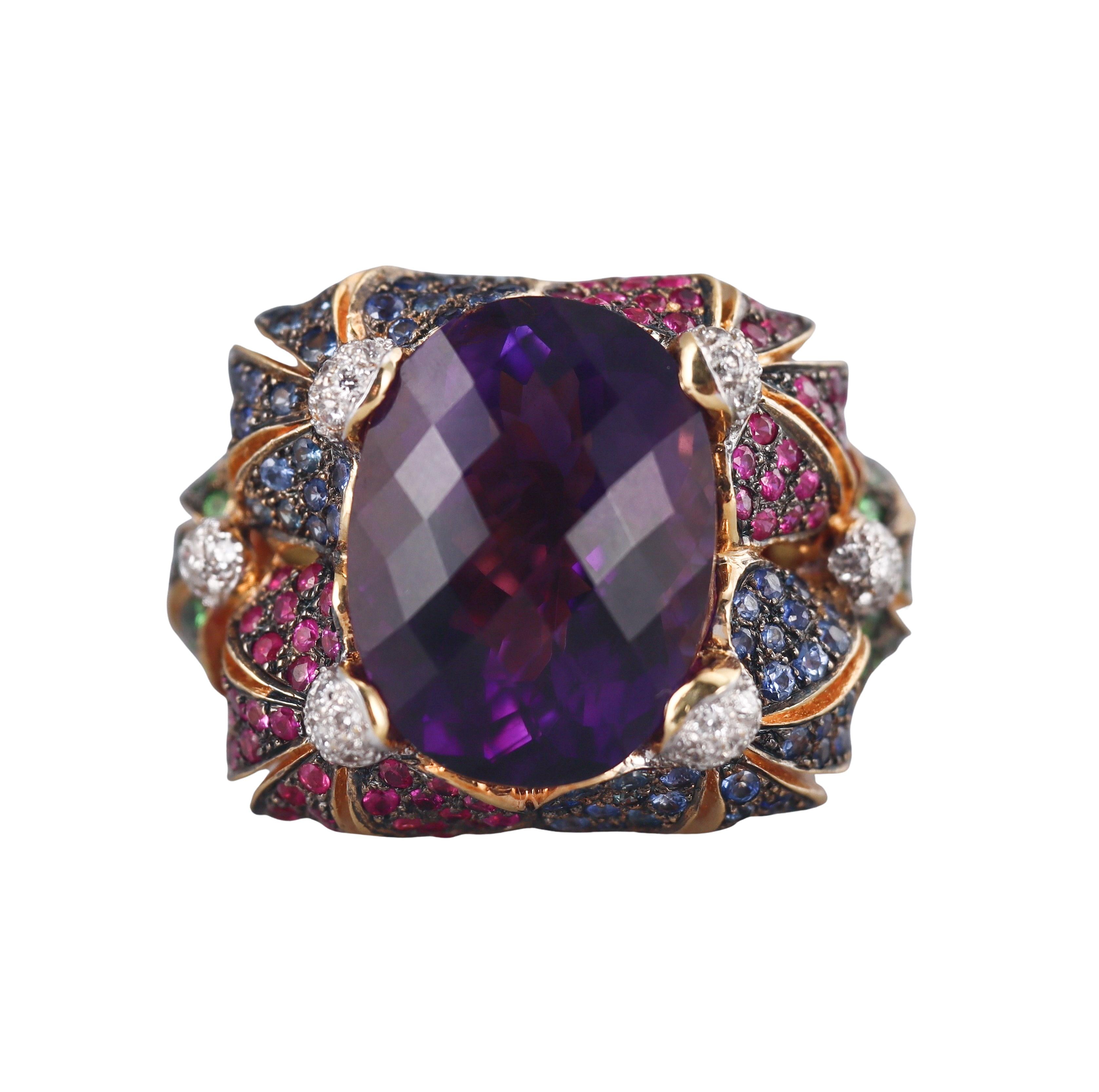 Amethyst Multi Color Sapphire Tsavorite Diamond Gold Cocktail Ring