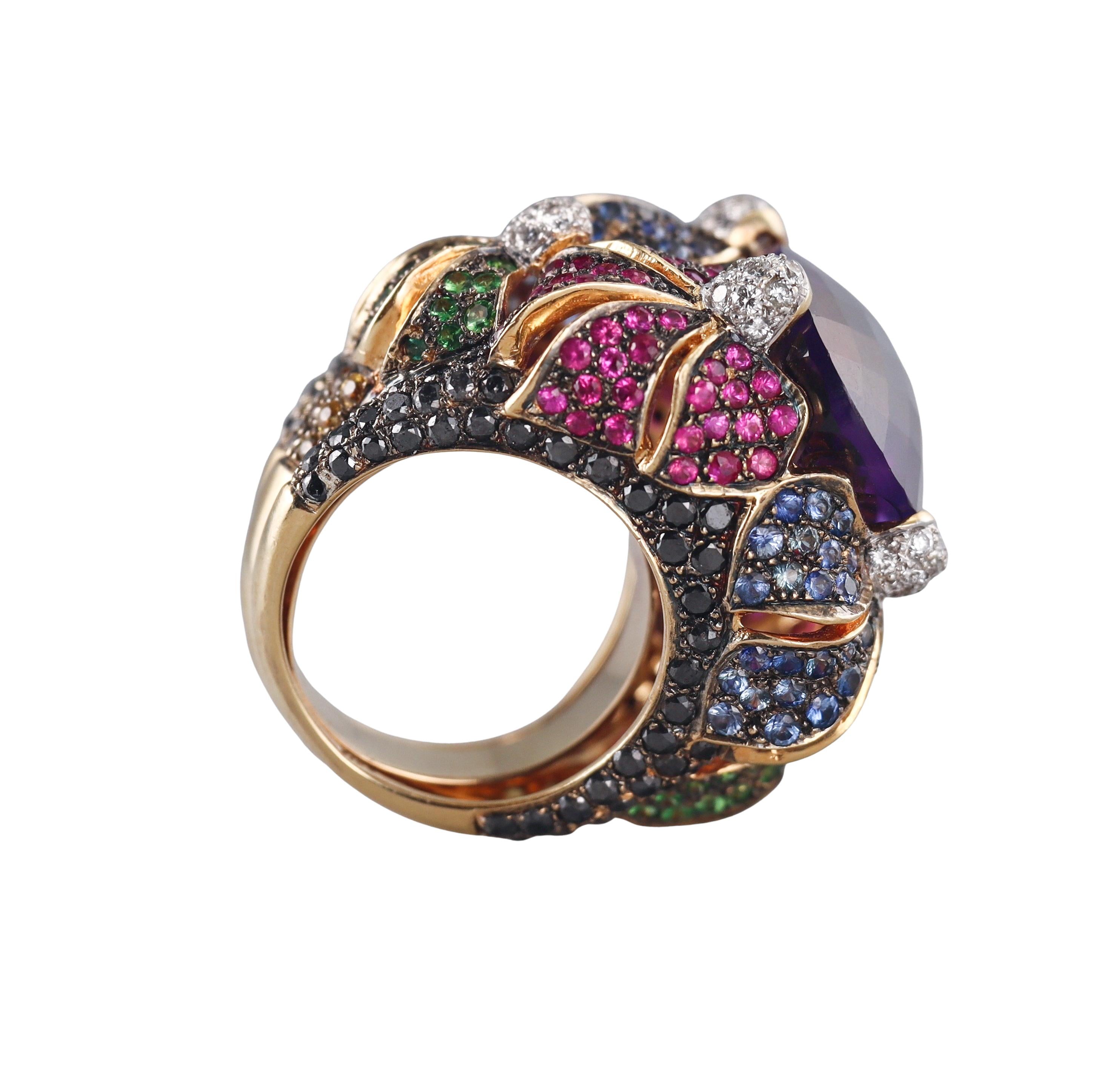 Amethyst Multi Color Sapphire Tsavorite Diamond Gold Cocktail Ring