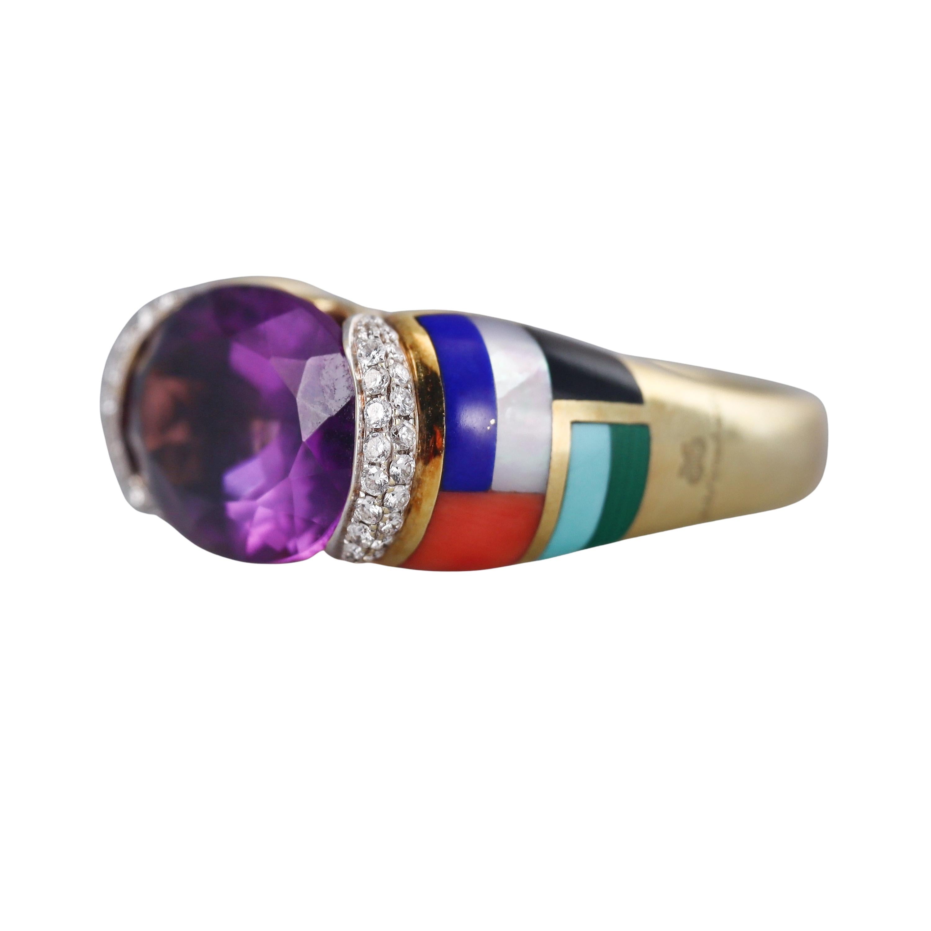 Asch Grossbardt Amethyst Diamond Inlay Gemstone Gold Ring