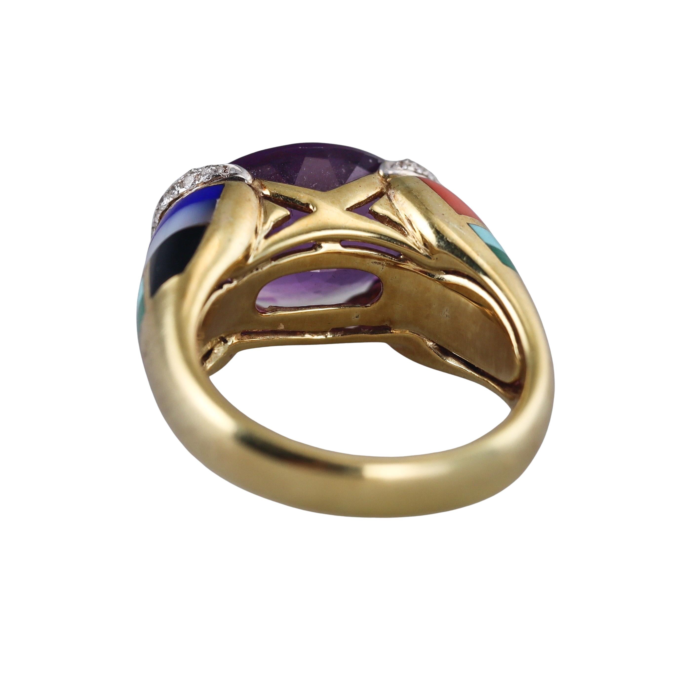 Asch Grossbardt Amethyst Diamond Inlay Gemstone Gold Ring
