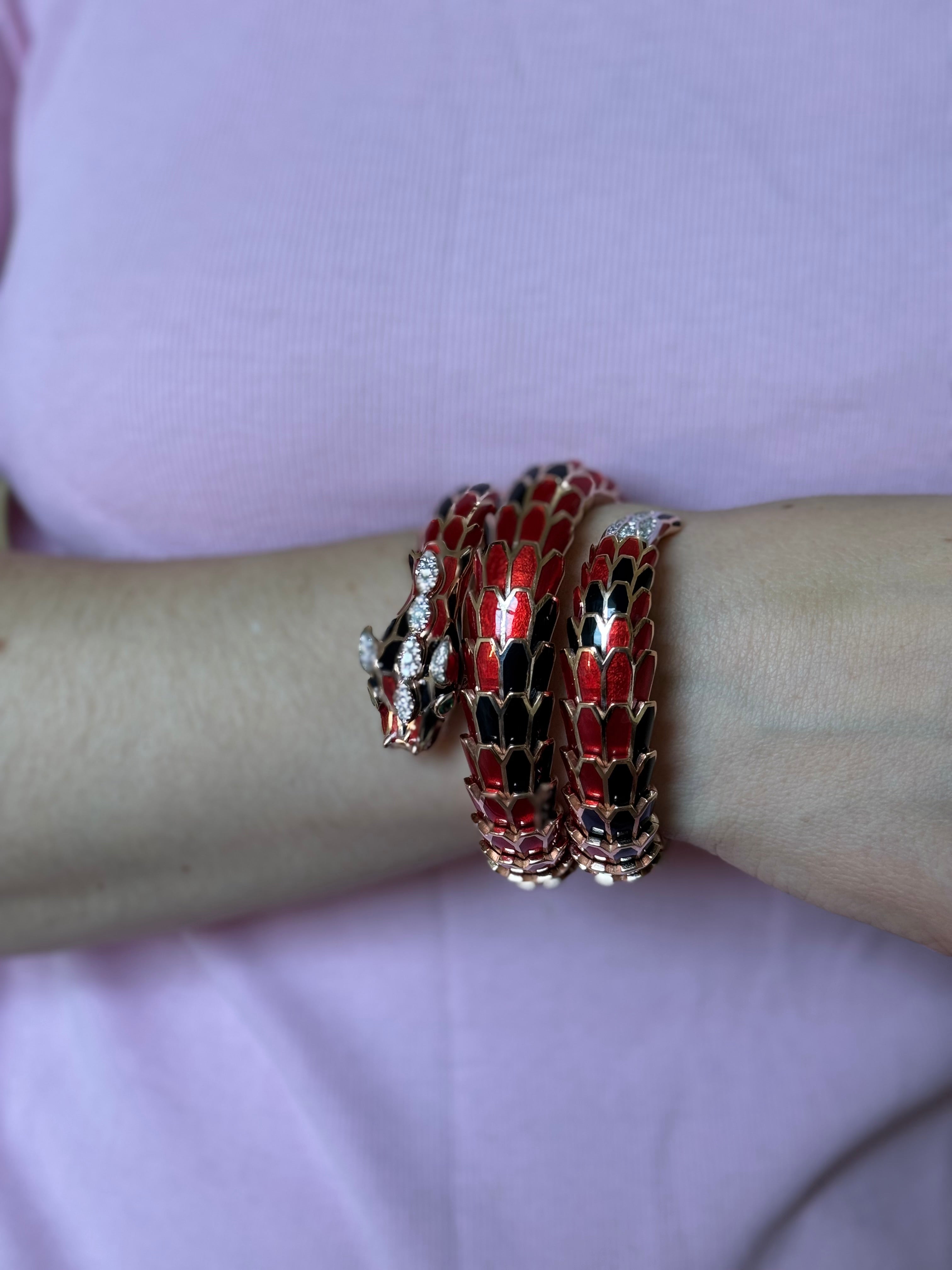 Alexis NY Rose Gold Silver Enamel Diamond Emerald Dragon Wrap Bracelet