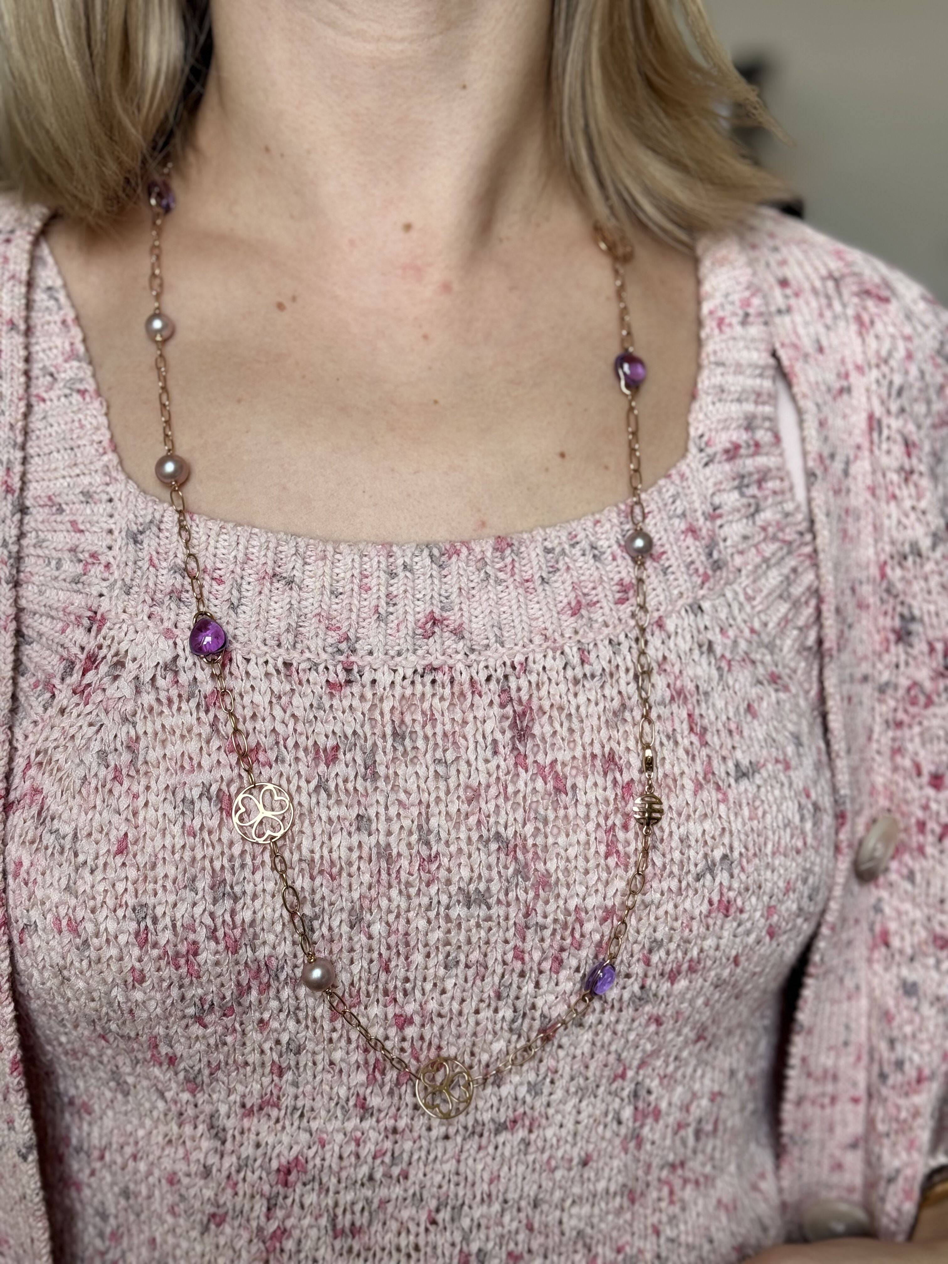 Mimi Milano Pearl Amethyst Heart Gold Station Necklace
