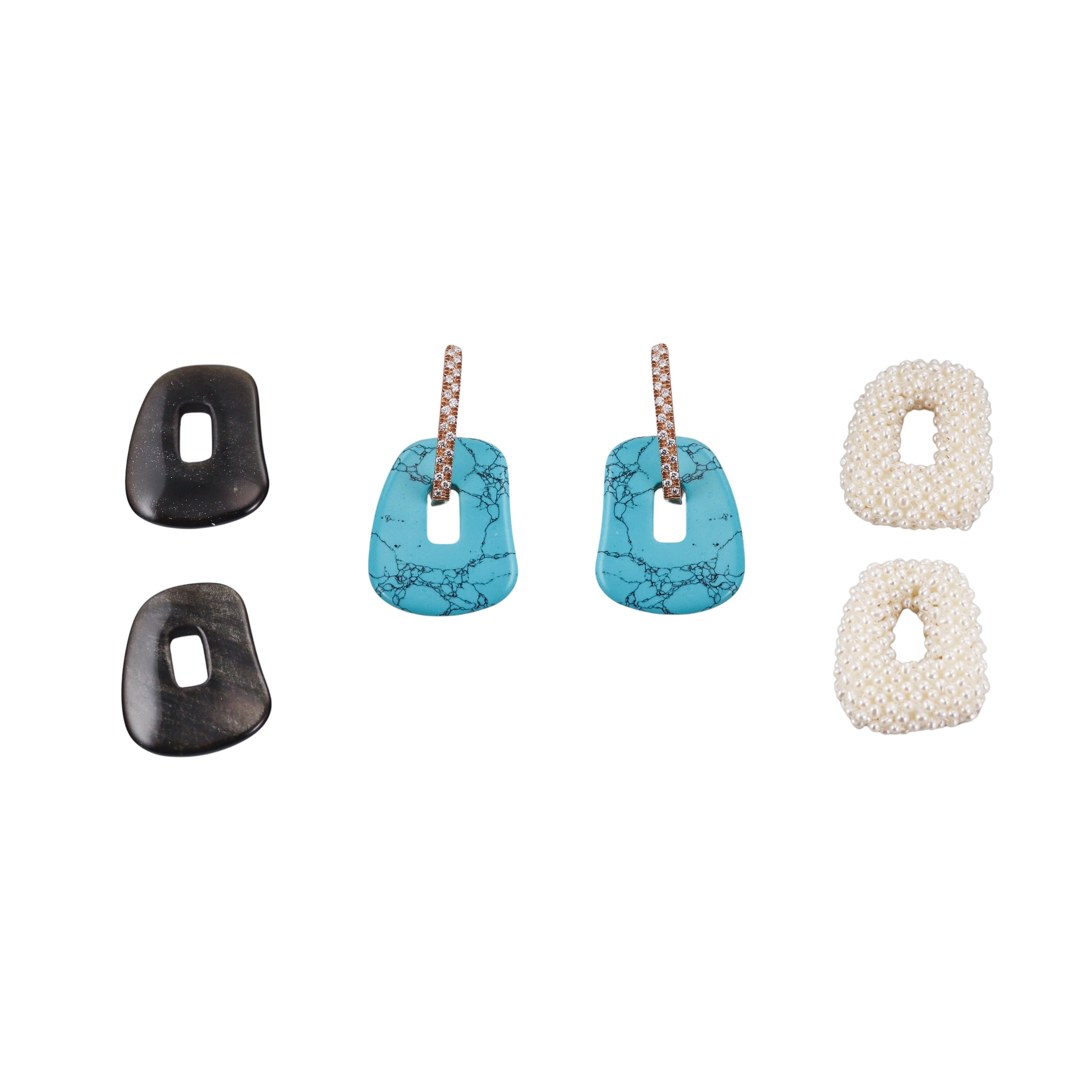 Mattioli Diamond Gold Obsidian Pearl Turquoise Interchangeable Medium Earrings