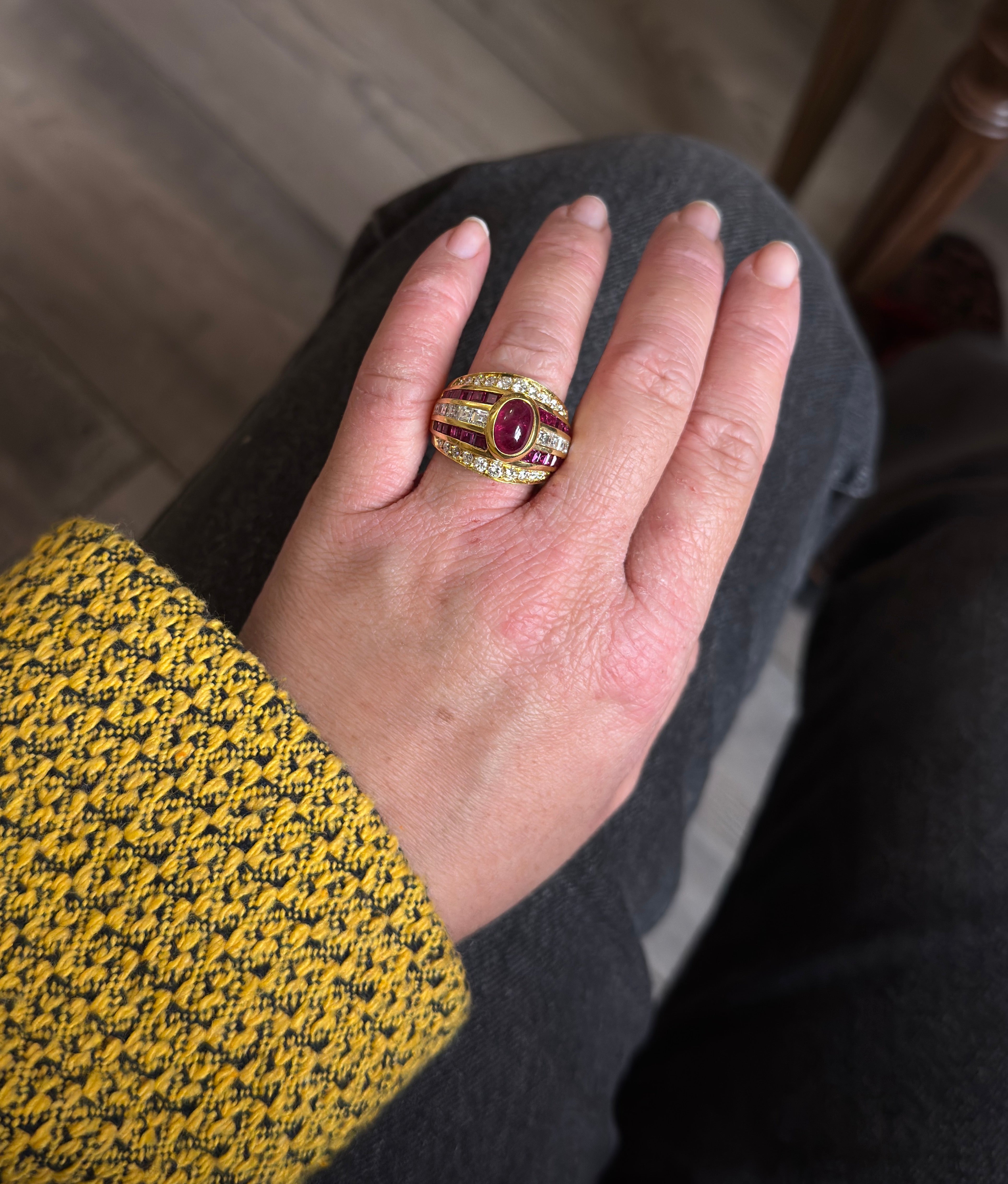 Gold Diamond Cabochon Ruby Cocktail Ring