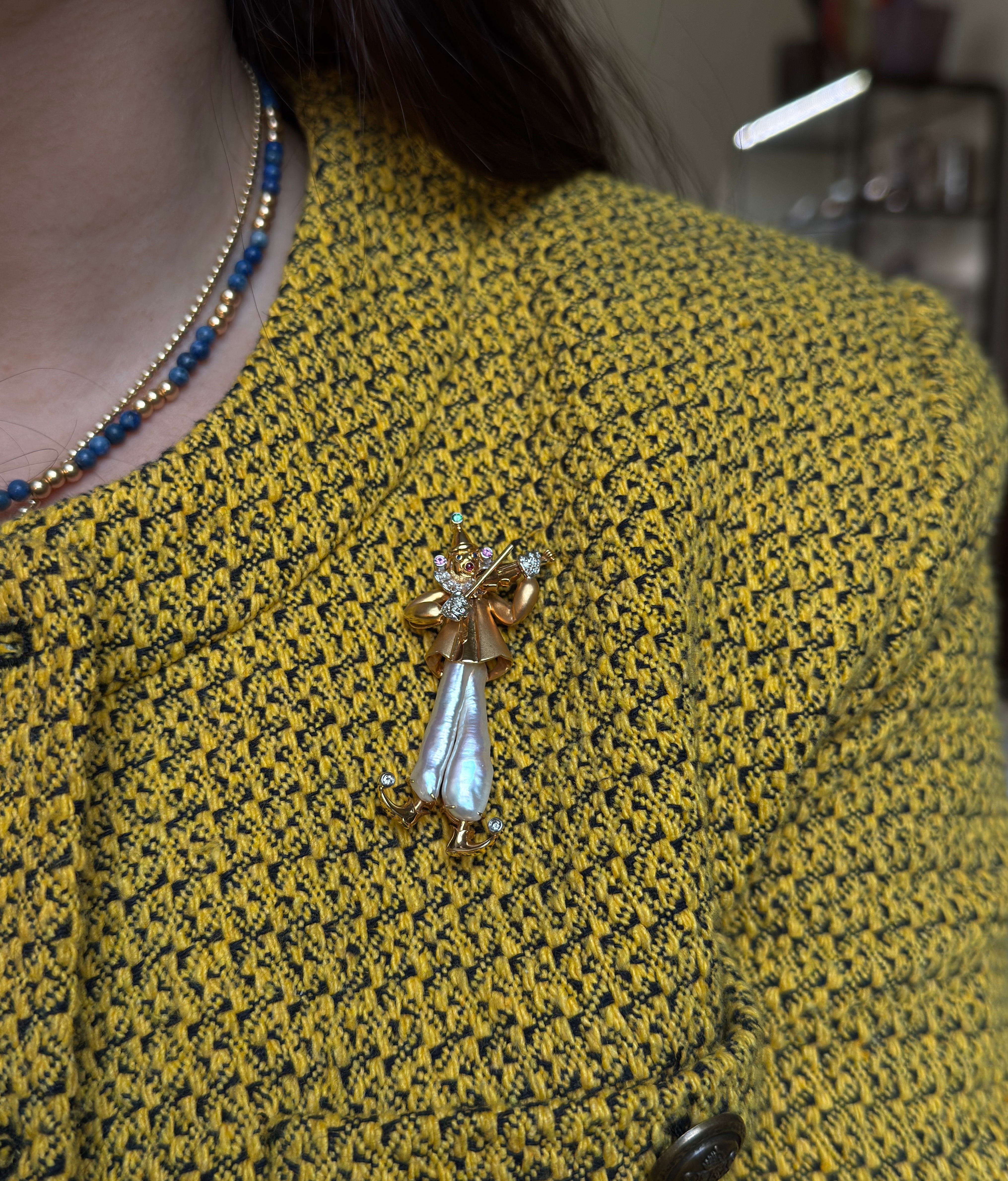 Diamond Pearl Sapphire Gold Clown Violinist Brooch Pendant