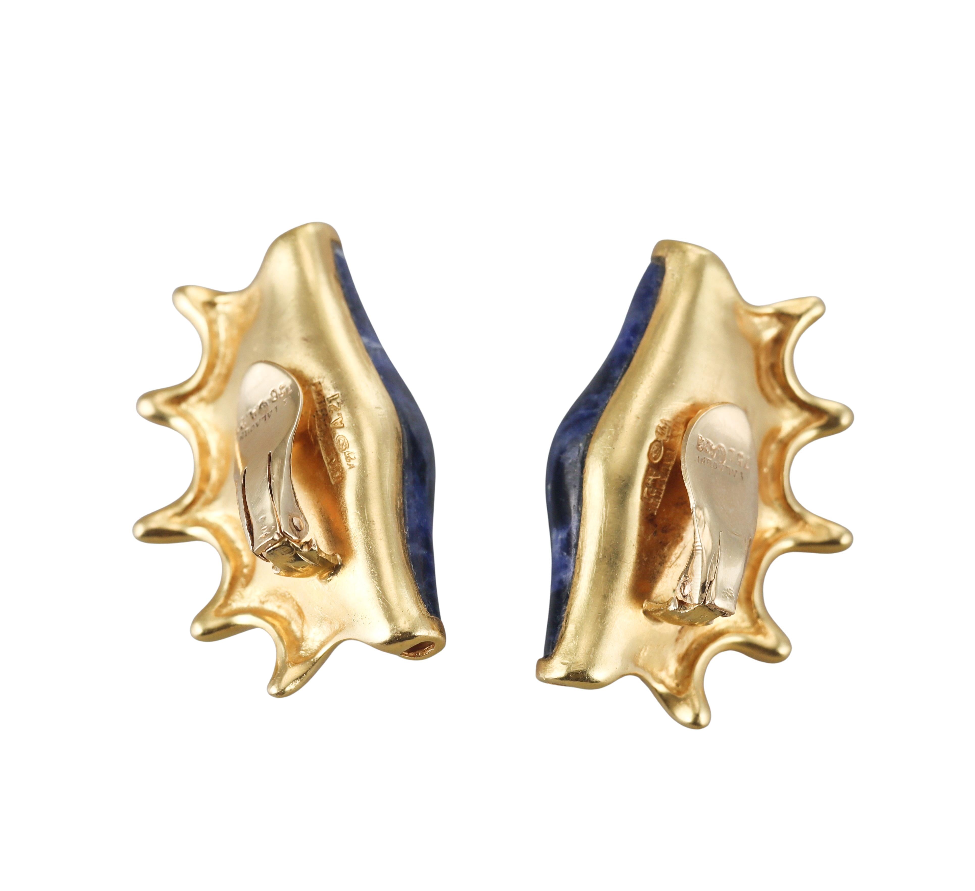 Lalaounis Greece Sodalite Gold Shell Motif Earrings