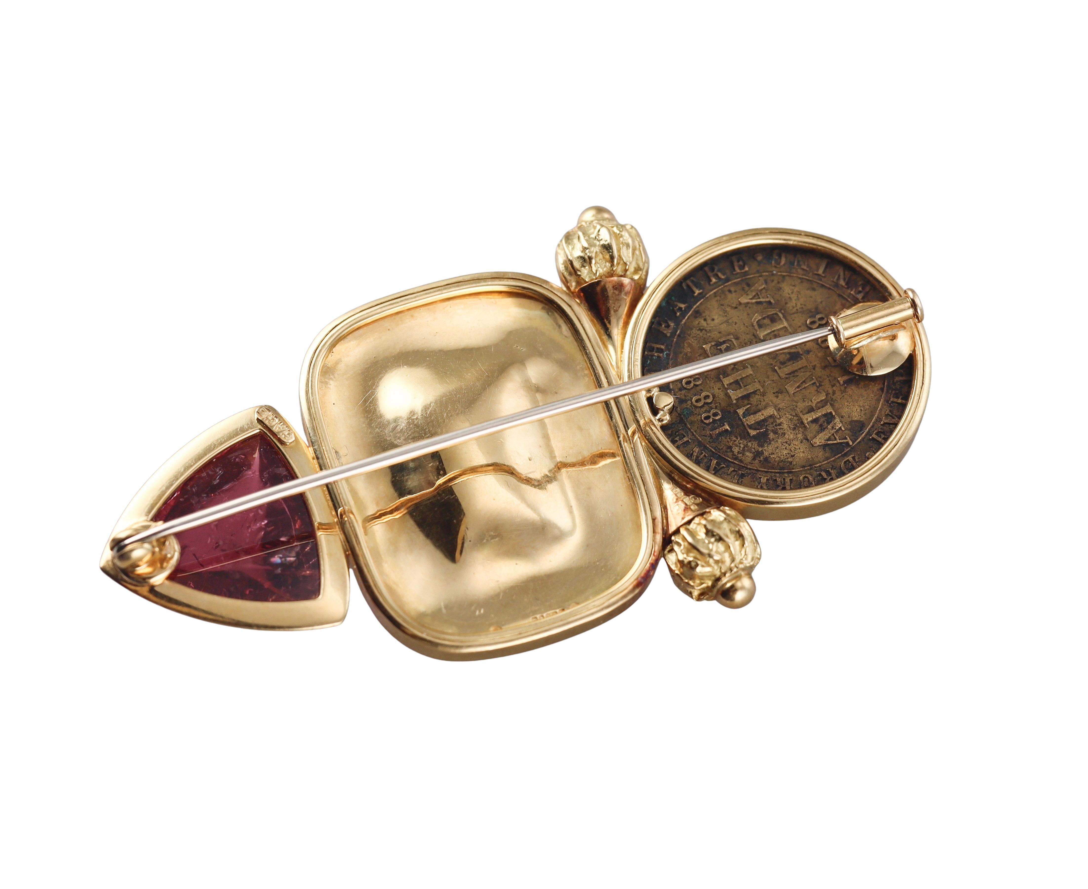 Elizabeth Gage Watermelon Tourmaline Coin Brooch Pendant