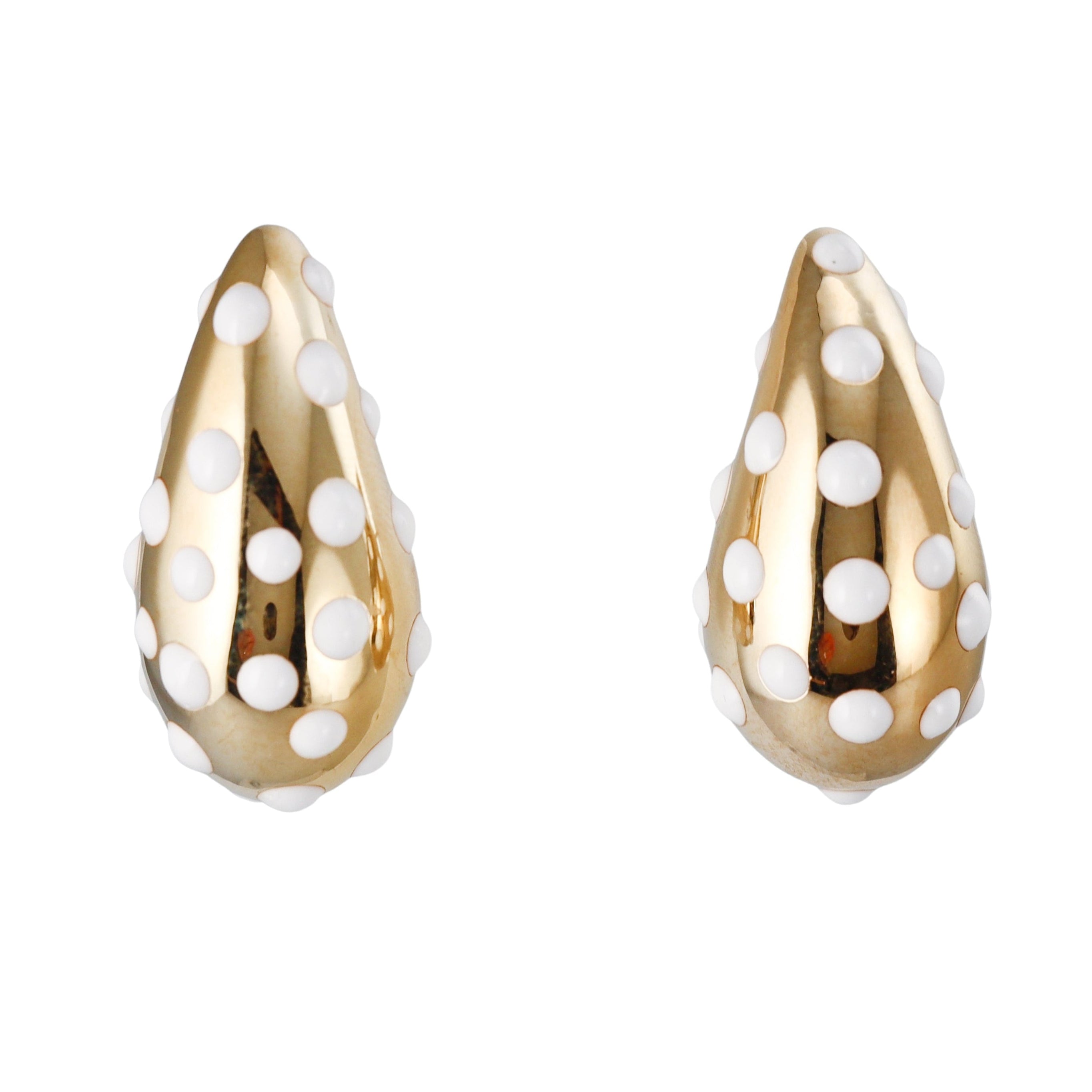 Yellow Gold White Polka Dot Enamel Large Teardrop Earrings