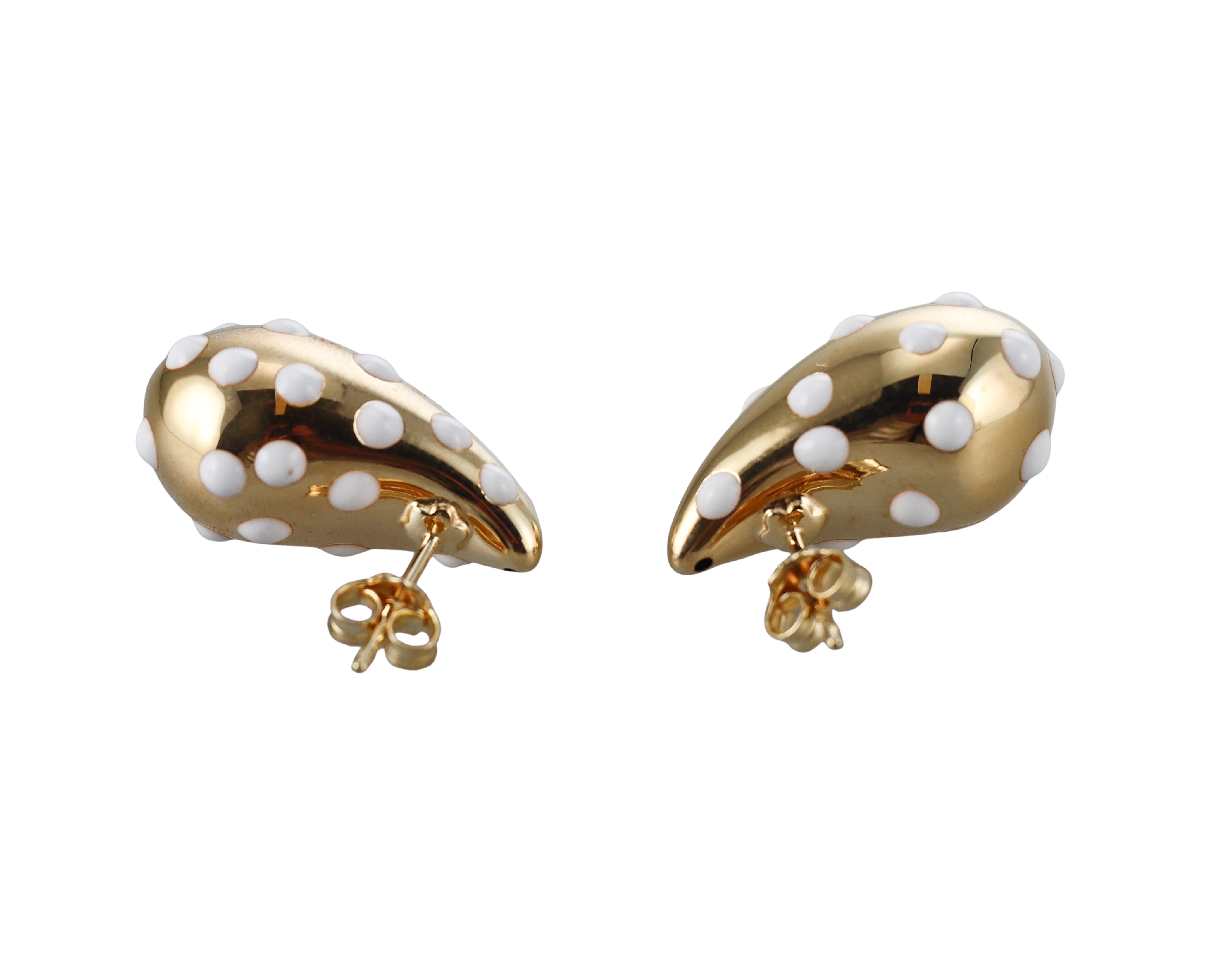 Yellow Gold White Polka Dot Enamel Large Teardrop Earrings
