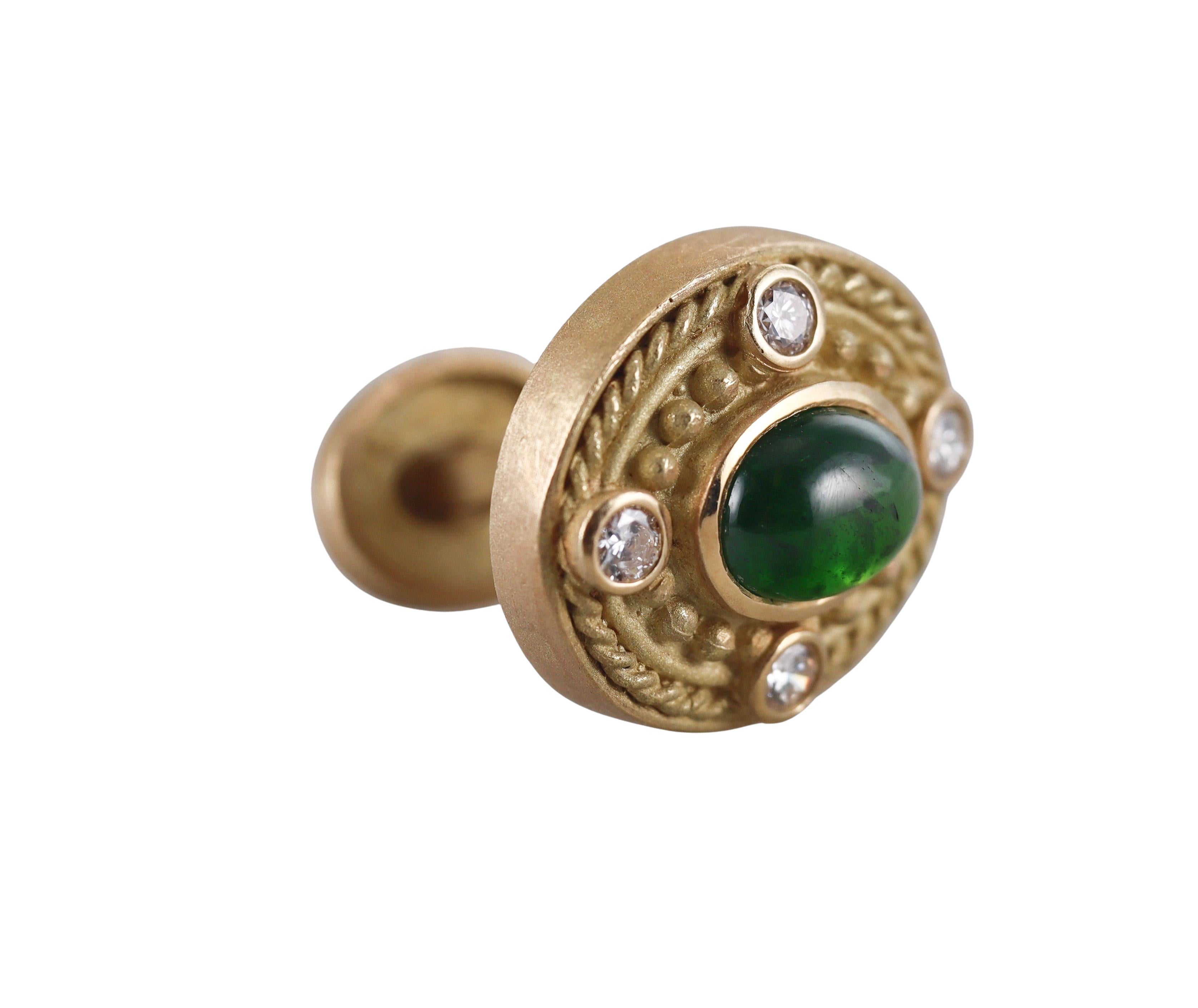 Green Tourmaline Diamond Gold Cufflinks Tuxedo Stud Set