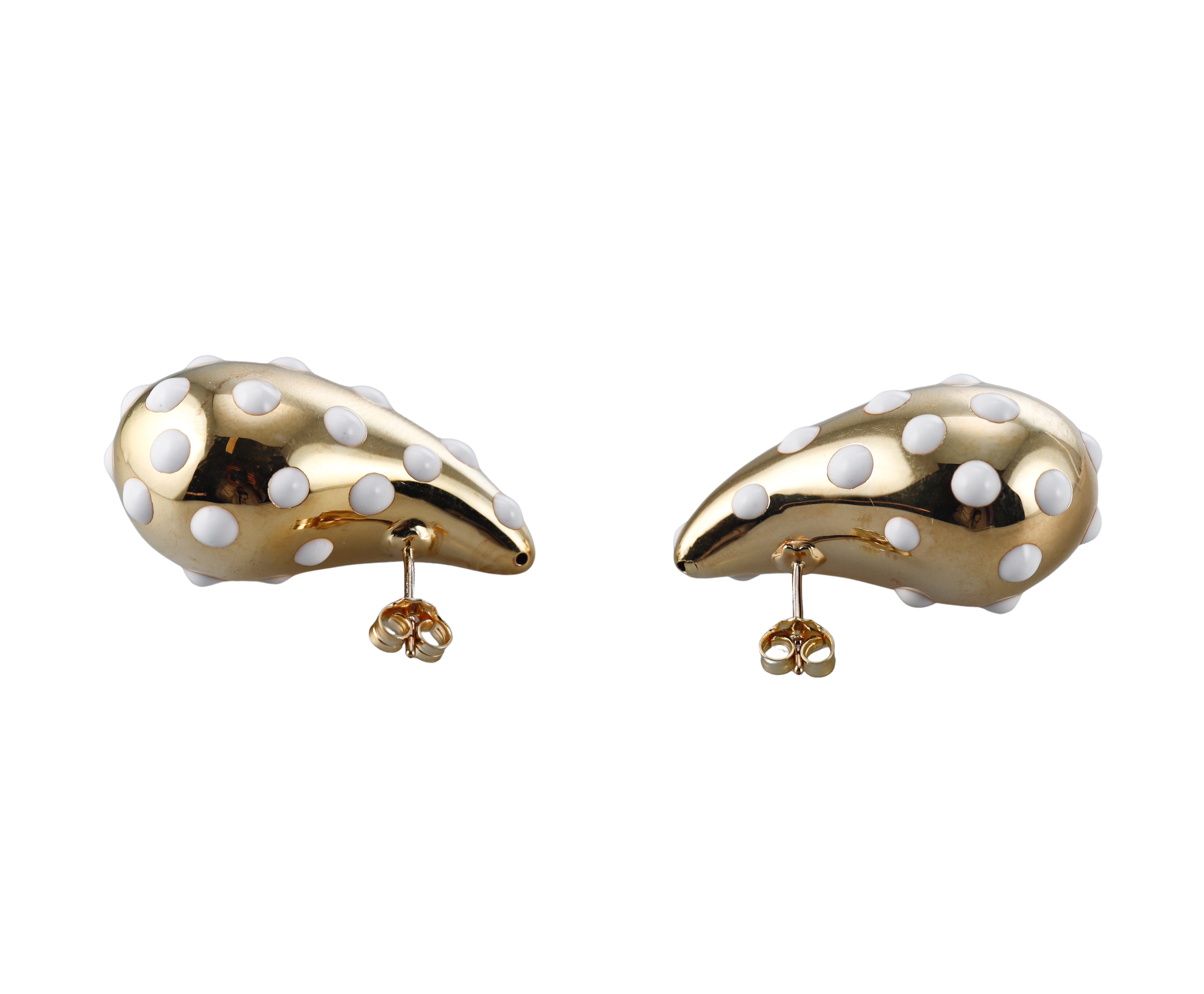 Yellow Gold White Polka Dot Enamel Large Teardrop Earrings
