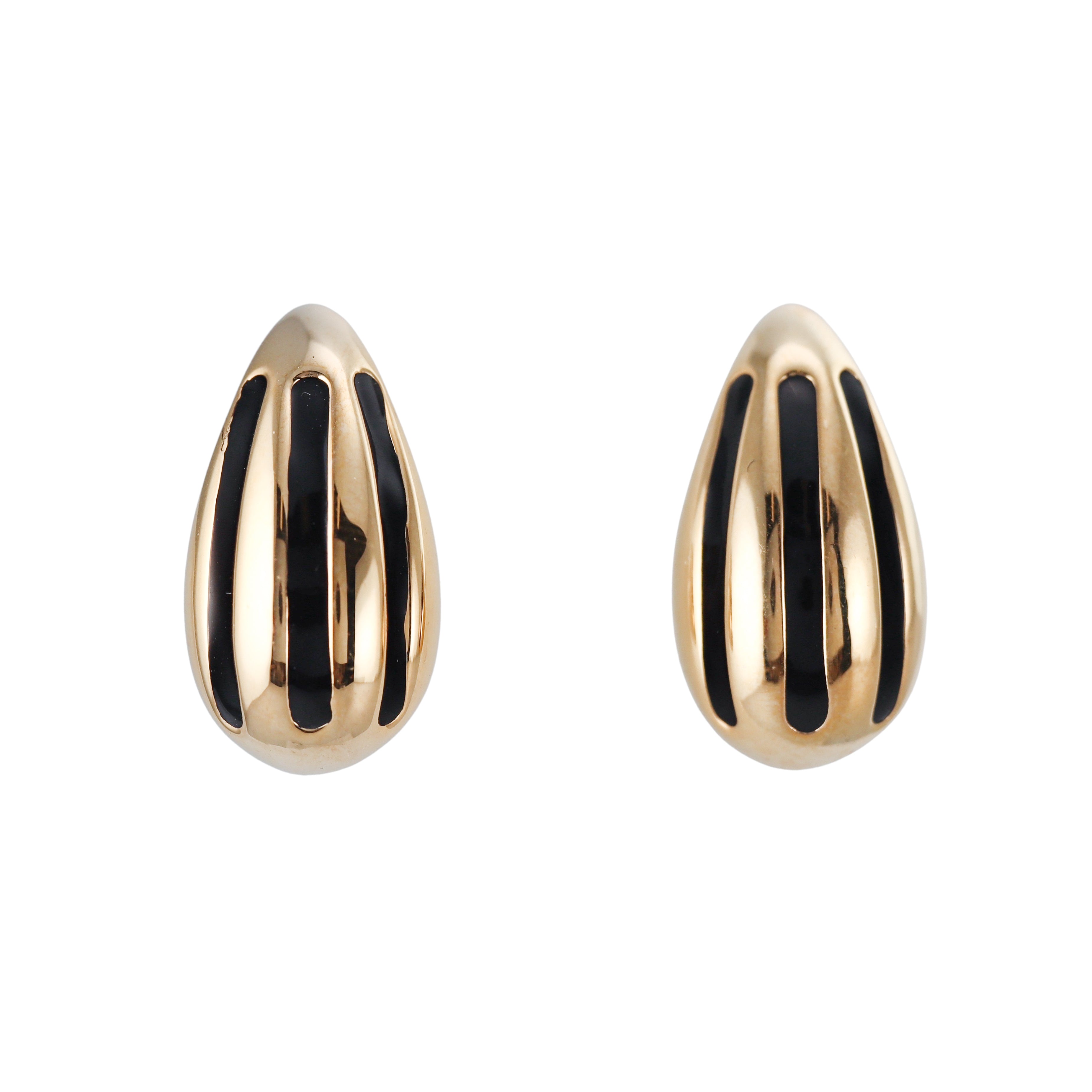 Yellow Gold Black Stripe Enamel Medium Teardrop Earrings
