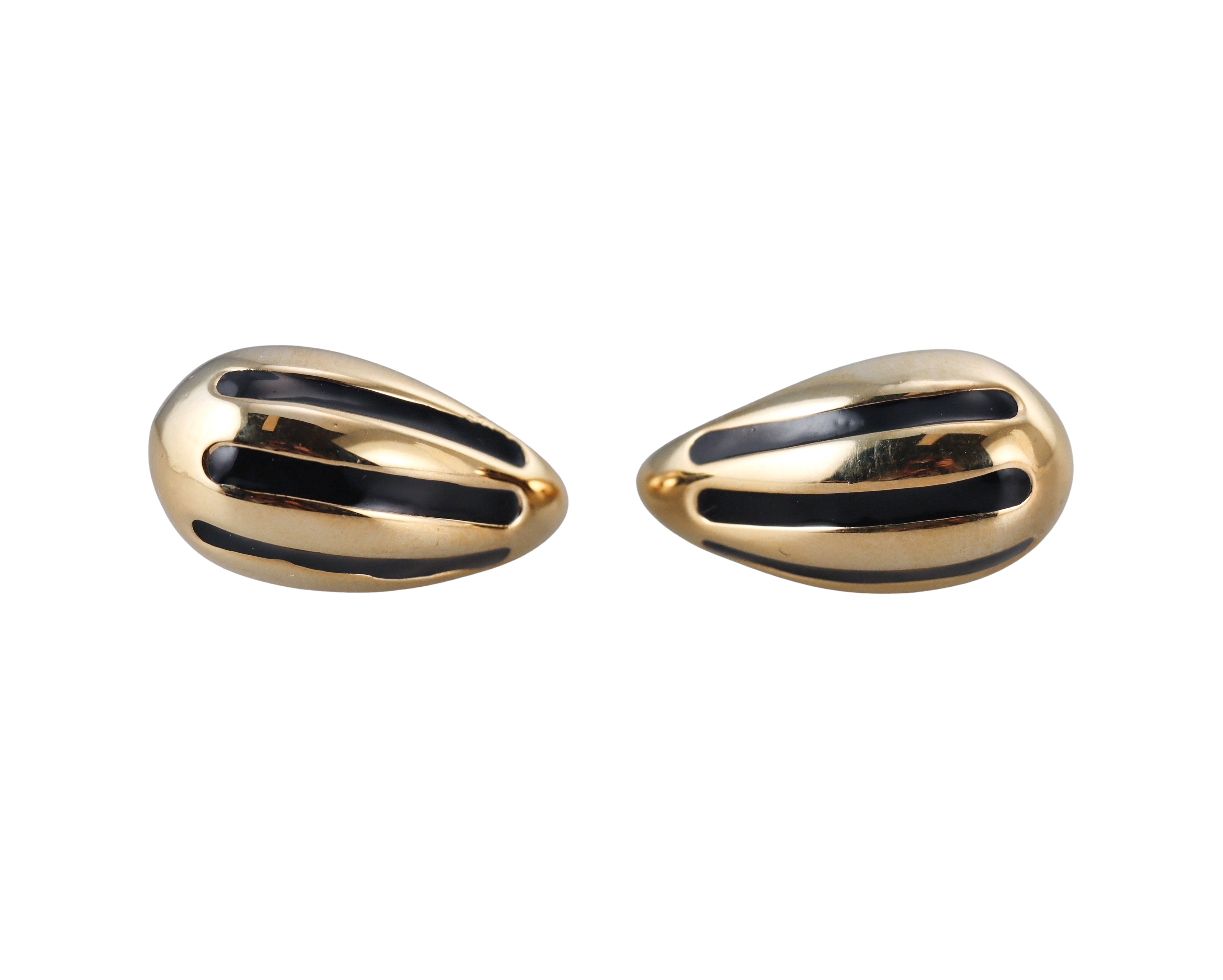 Yellow Gold Black Stripe Enamel Medium Teardrop Earrings