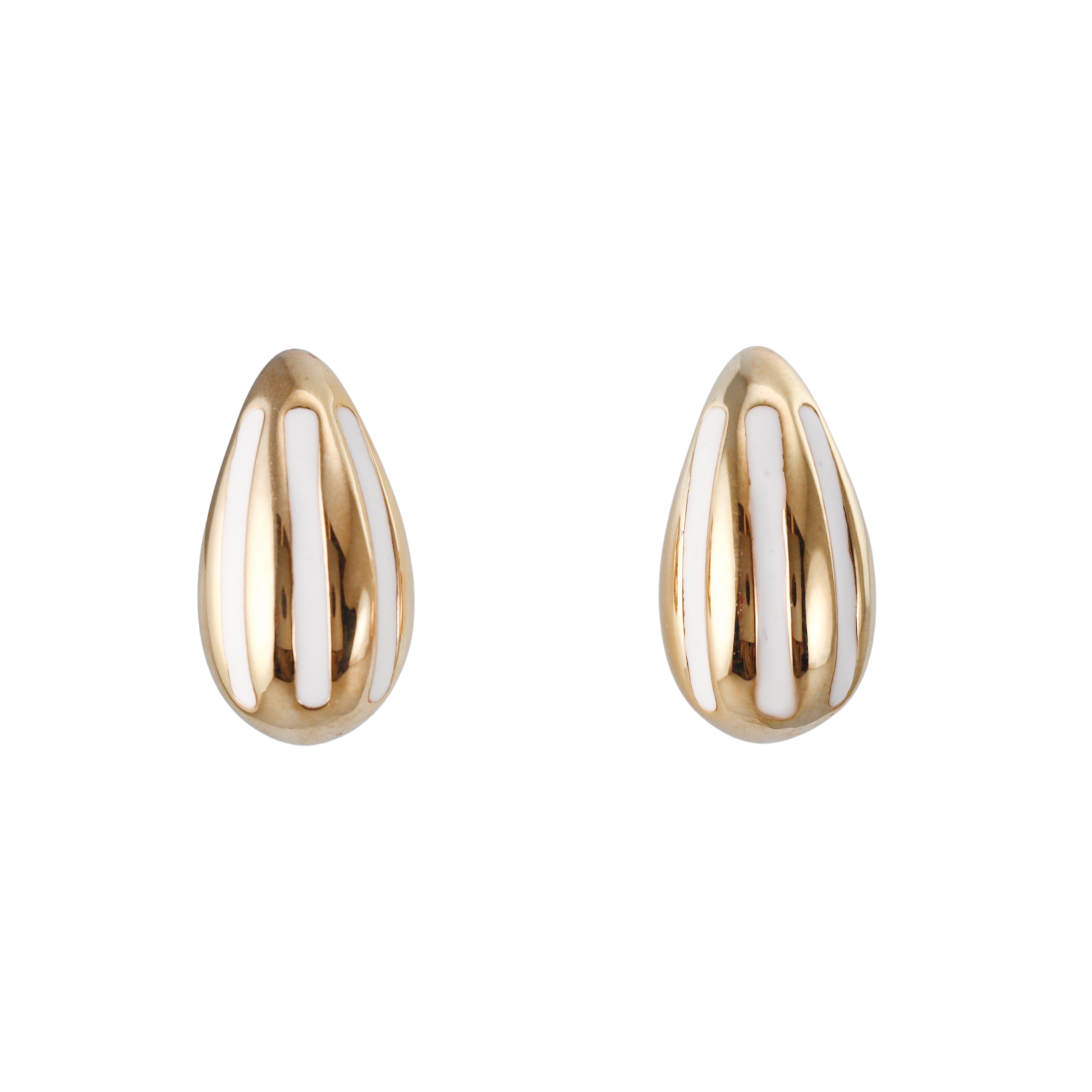 Yellow Gold White Stripe Enamel Medium Teardrop Earrings