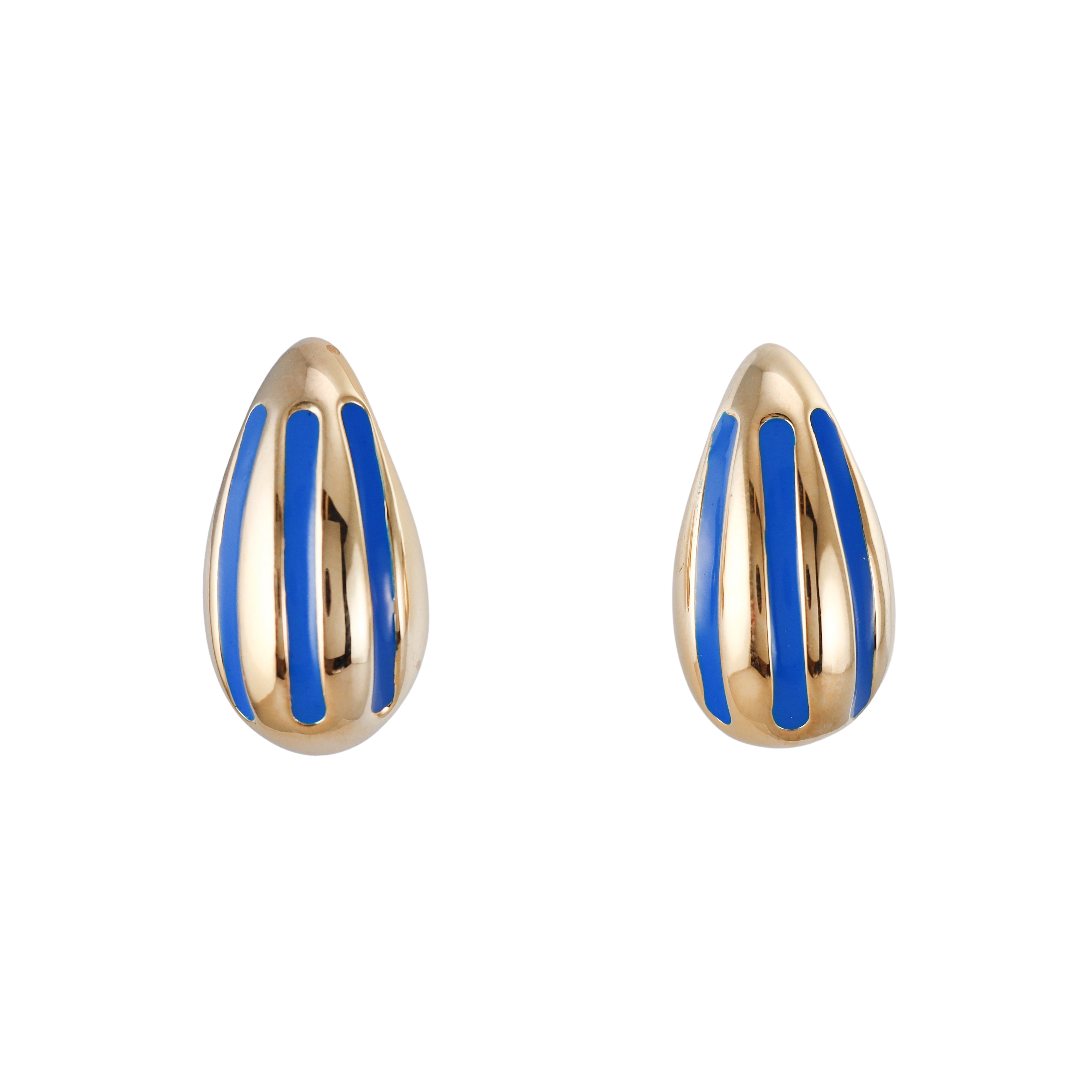 Yellow Gold Blue Stripe Enamel Medium Teardrop Earrings