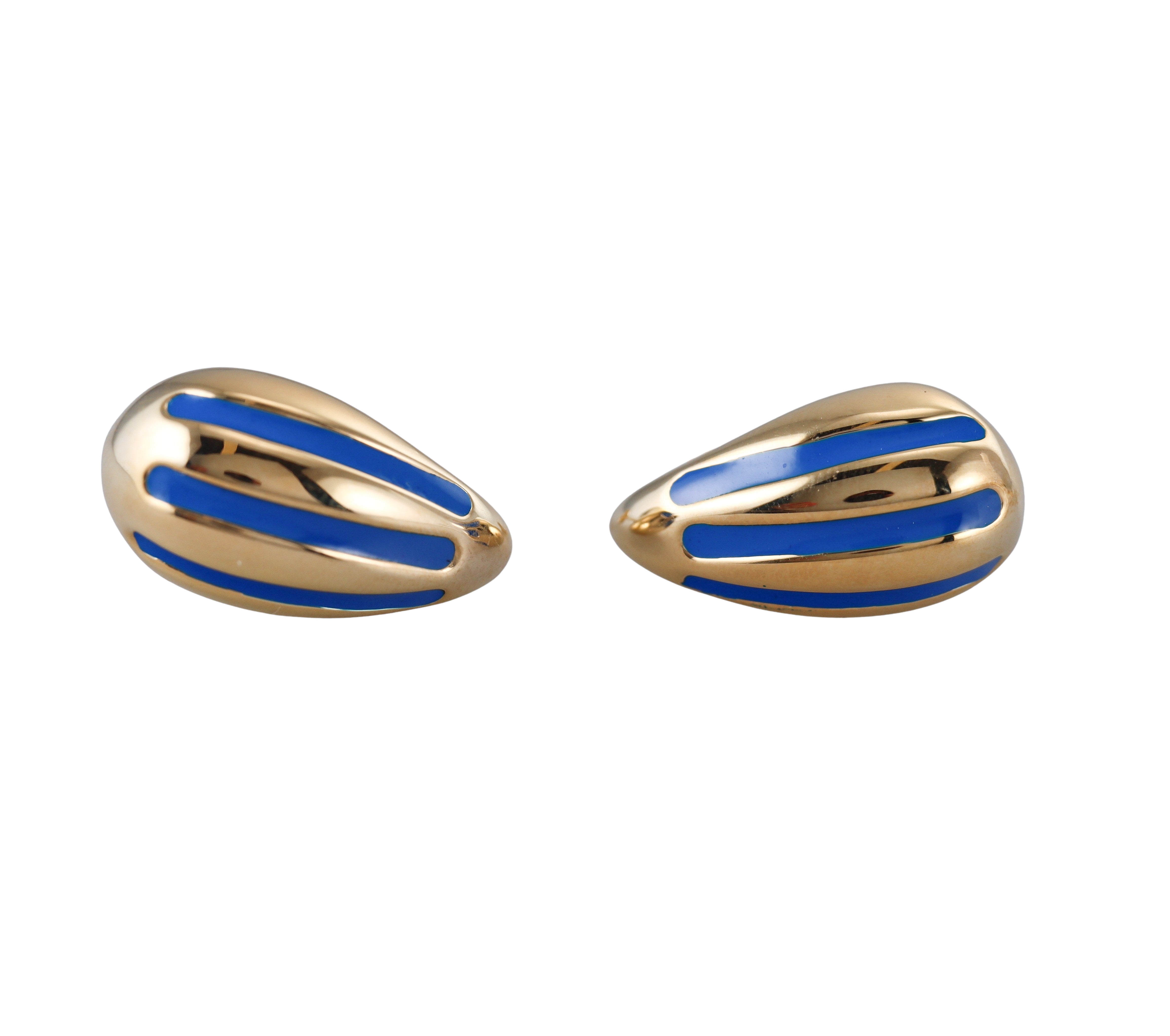 Yellow Gold Blue Stripe Enamel Medium Teardrop Earrings