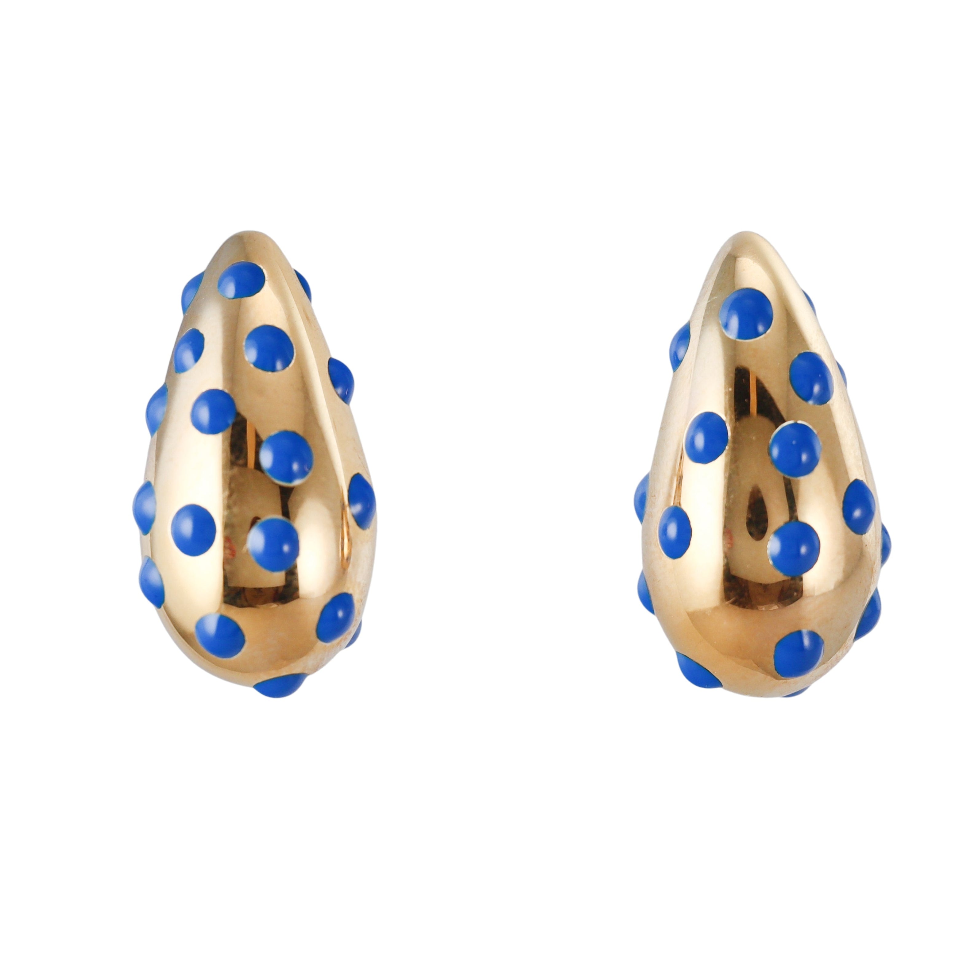 Yellow Gold Blue Polka Dot Enamel Large Teardrop Earrings