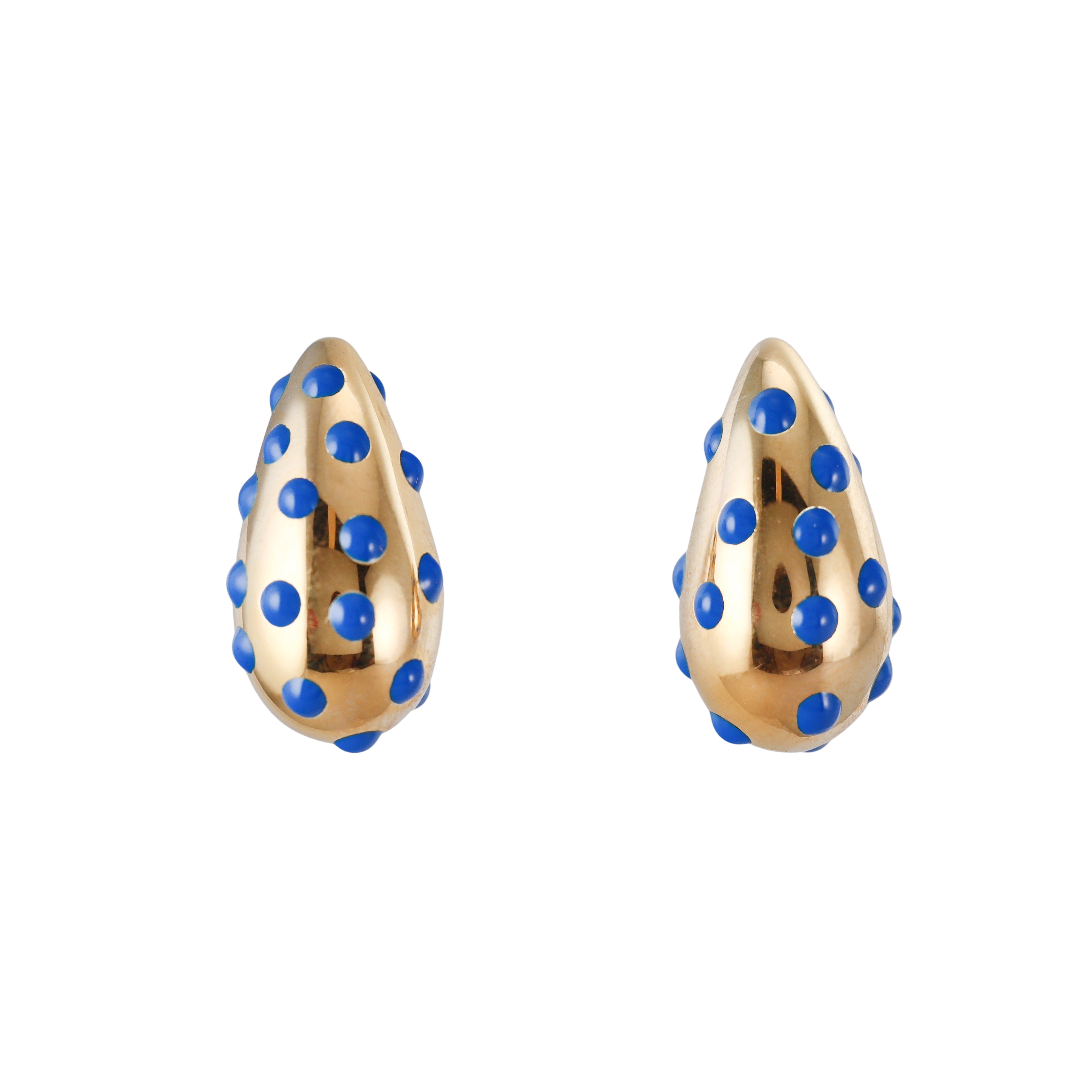 Yellow Gold Blue Polka Dot Enamel Medium Teardrop Earrings