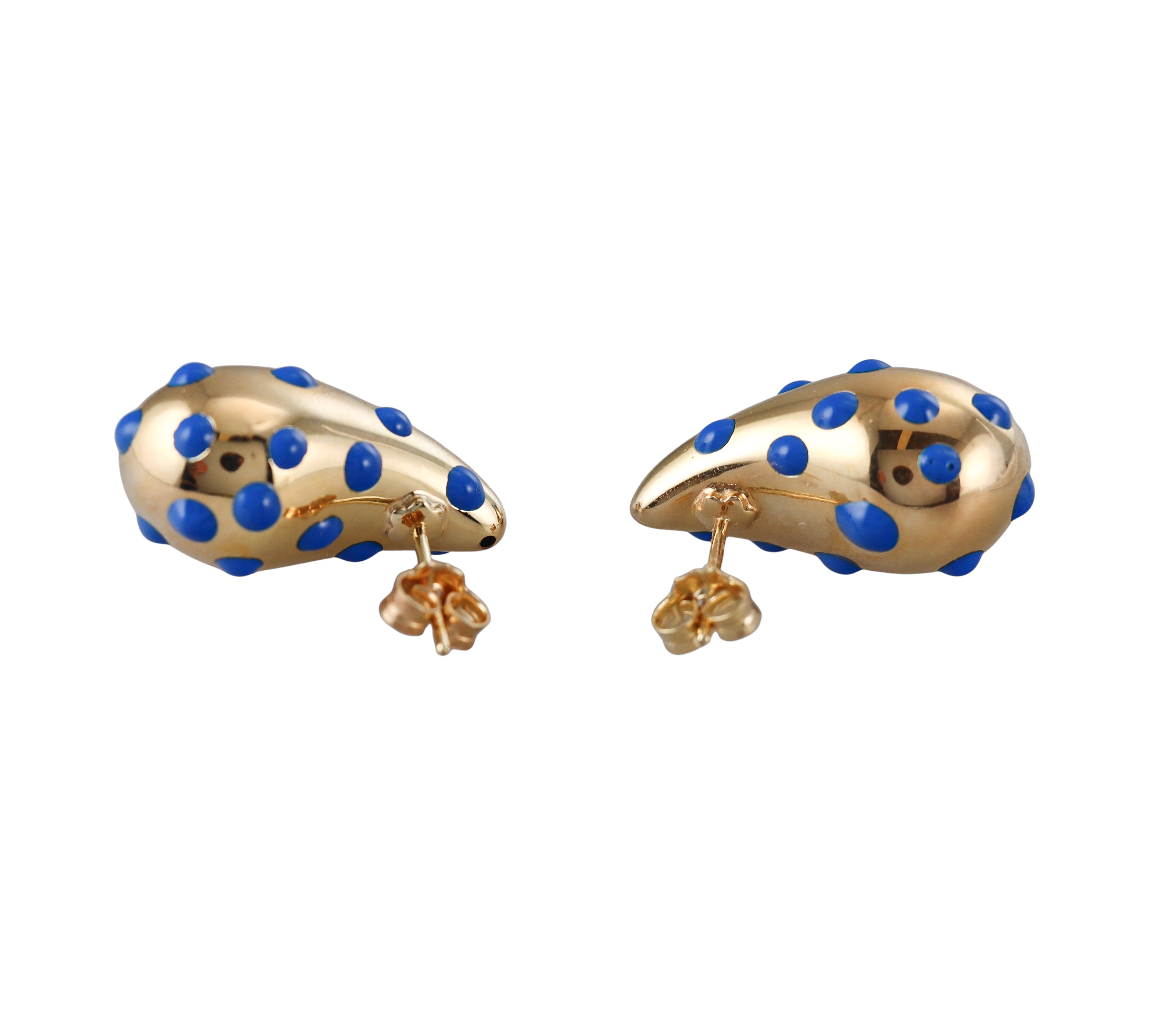 Yellow Gold Blue Polka Dot Enamel Medium Teardrop Earrings