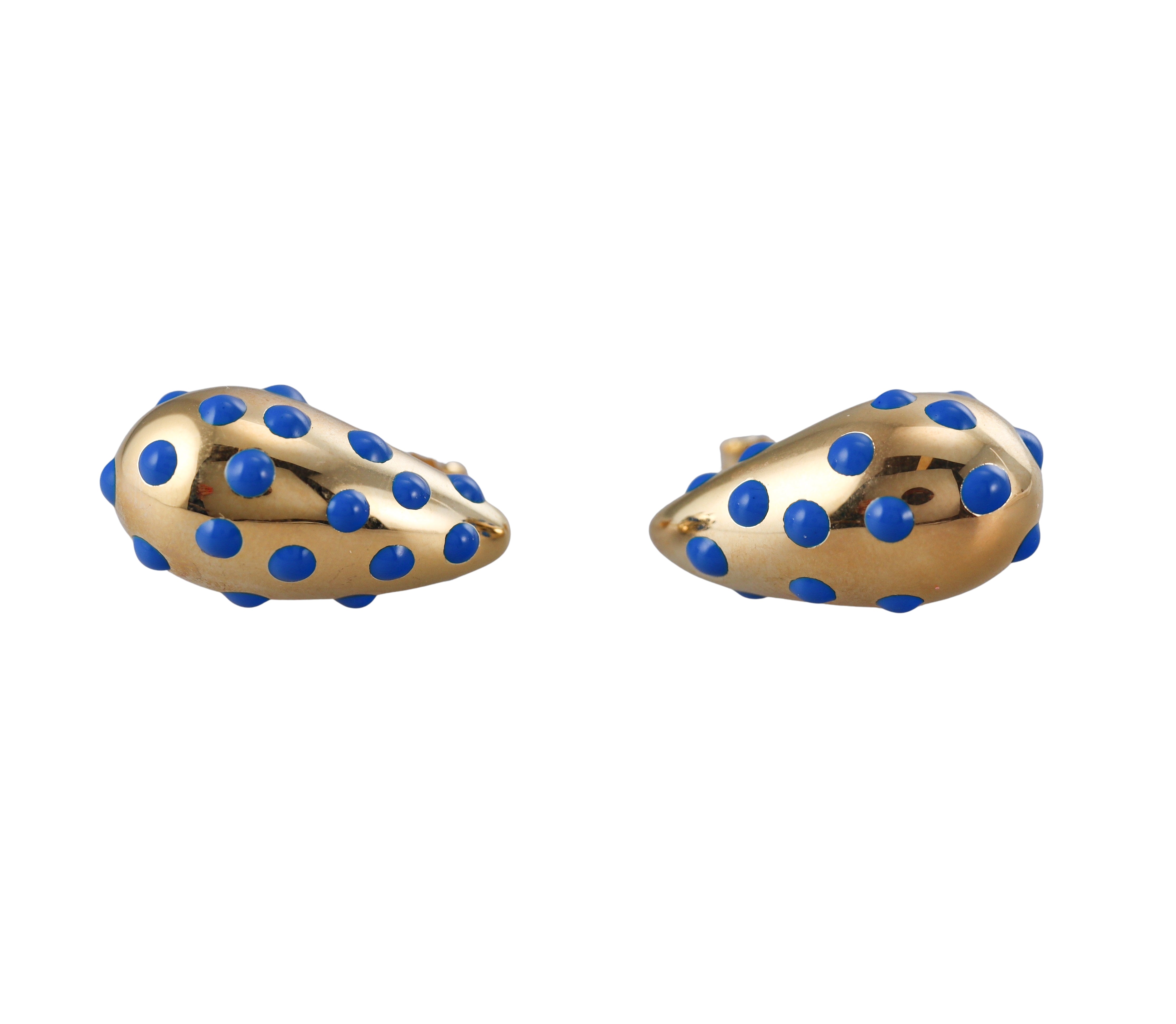 Yellow Gold Blue Polka Dot Enamel Large Teardrop Earrings