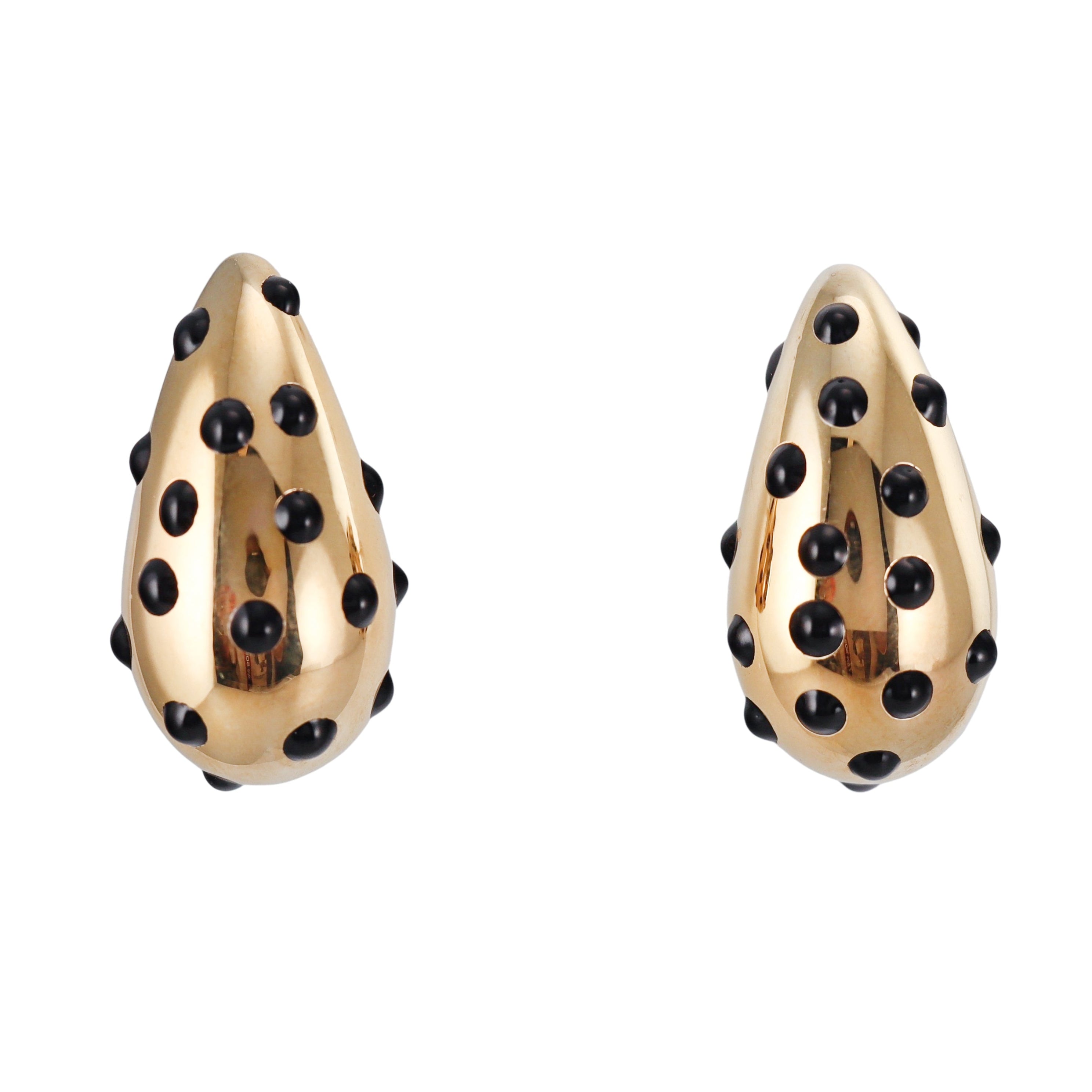 Yellow Gold Black Polka Dot Enamel Large Teardrop Earrings