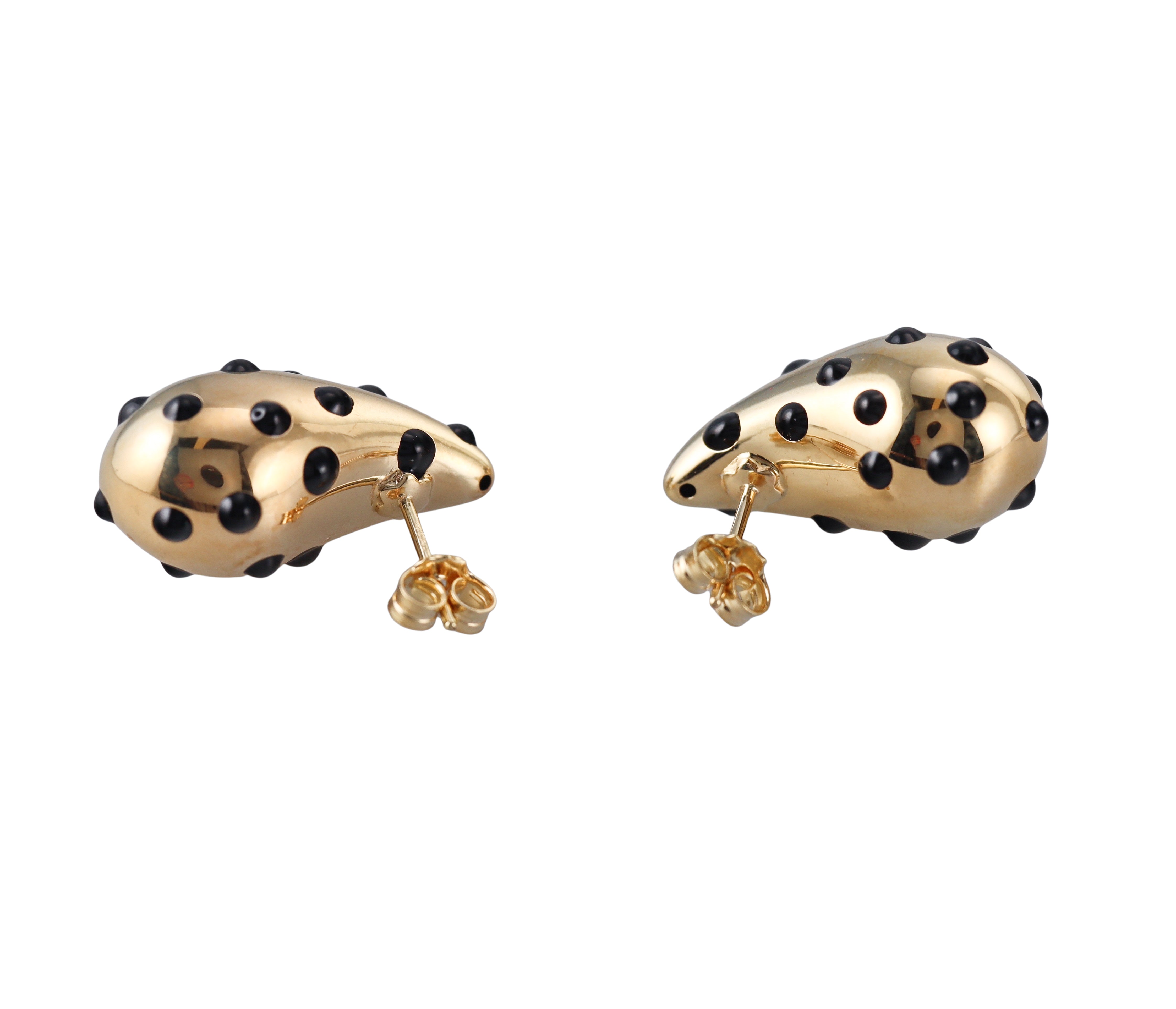 Yellow Gold Black Polka Dot Enamel Large Teardrop Earrings