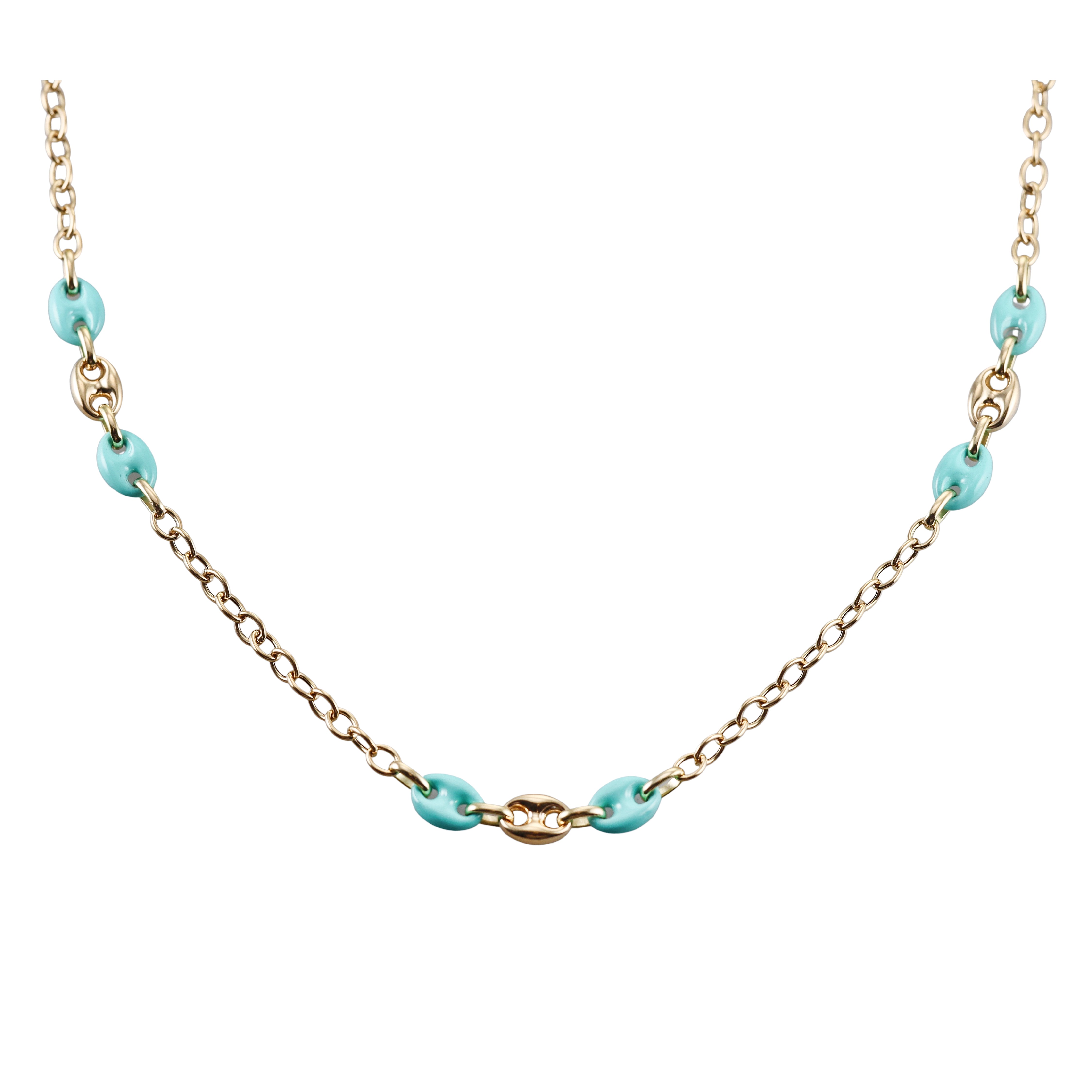 Yellow Gold Blue Enamel Long Station Necklace