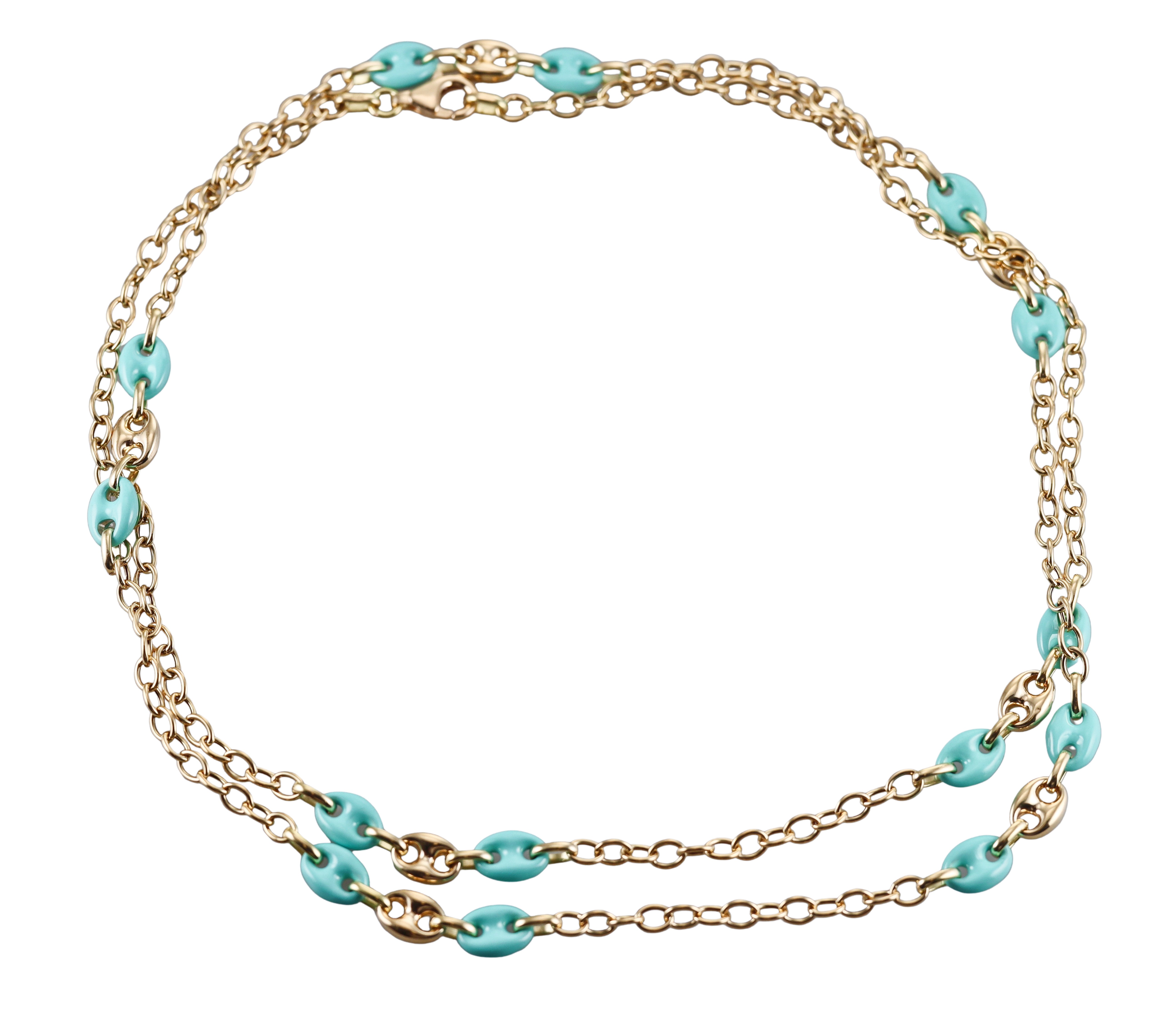 Yellow Gold Blue Enamel Long Station Necklace