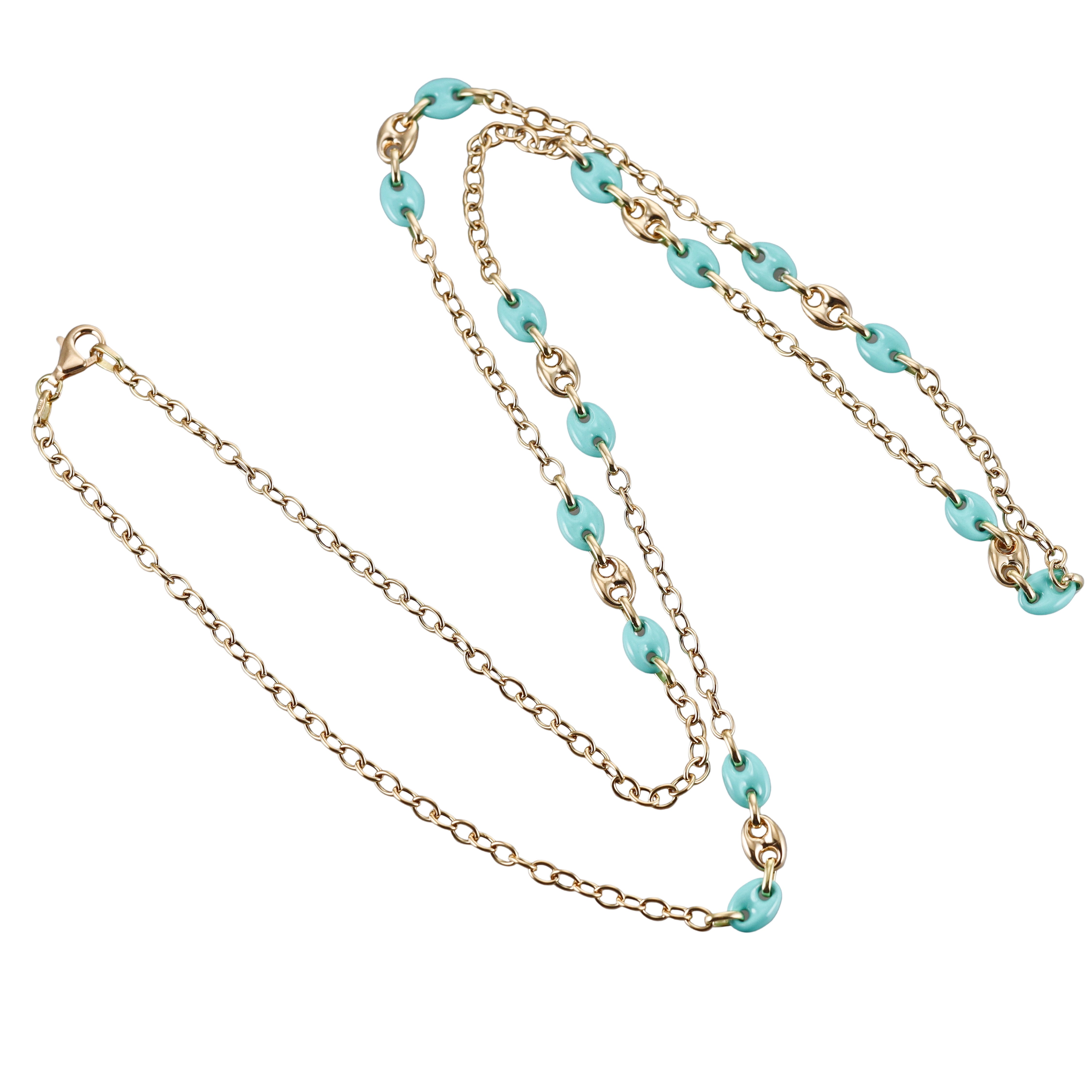 Yellow Gold Blue Enamel Long Station Necklace
