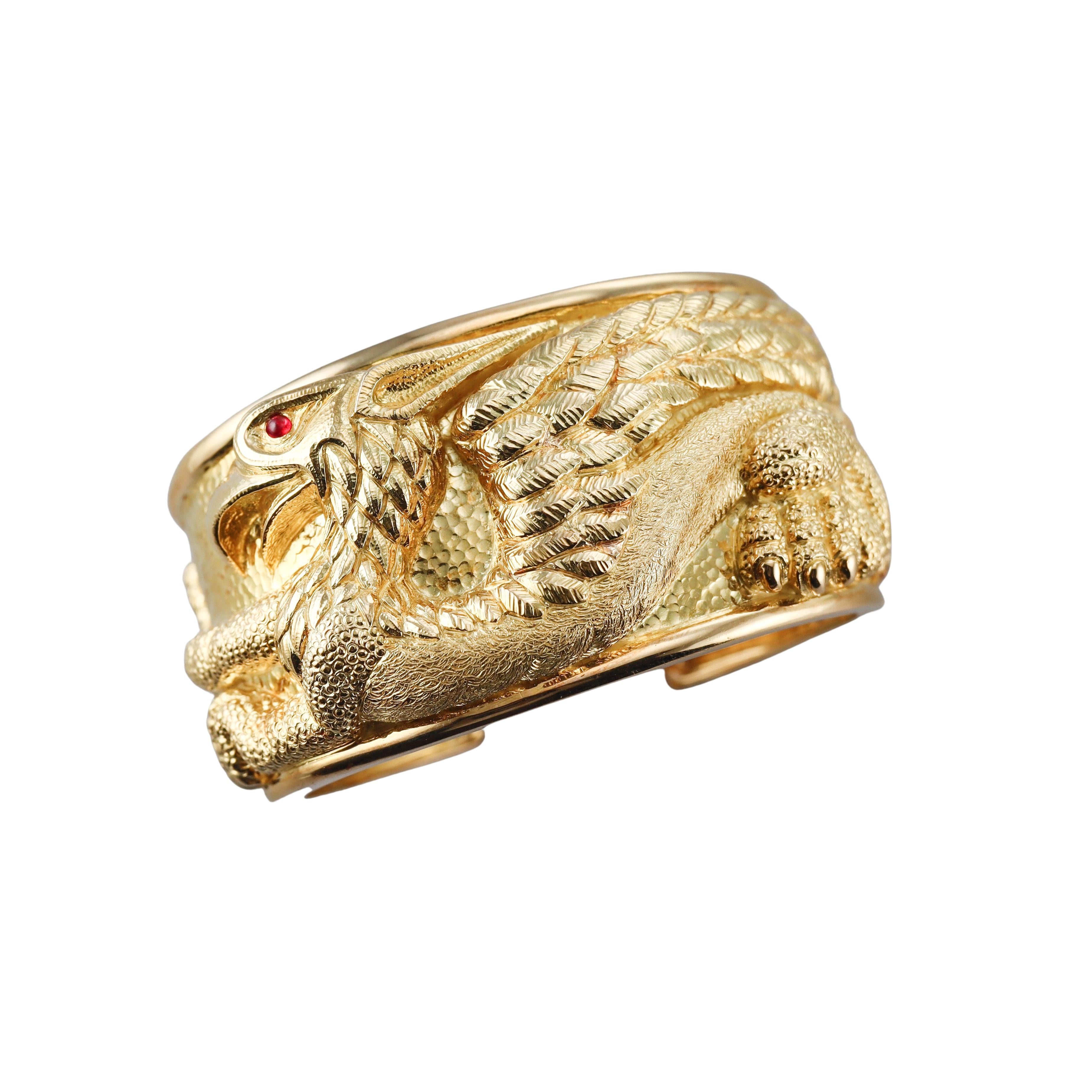 David Webb Gold Ruby Repousse Griffin Cuff Bracelet