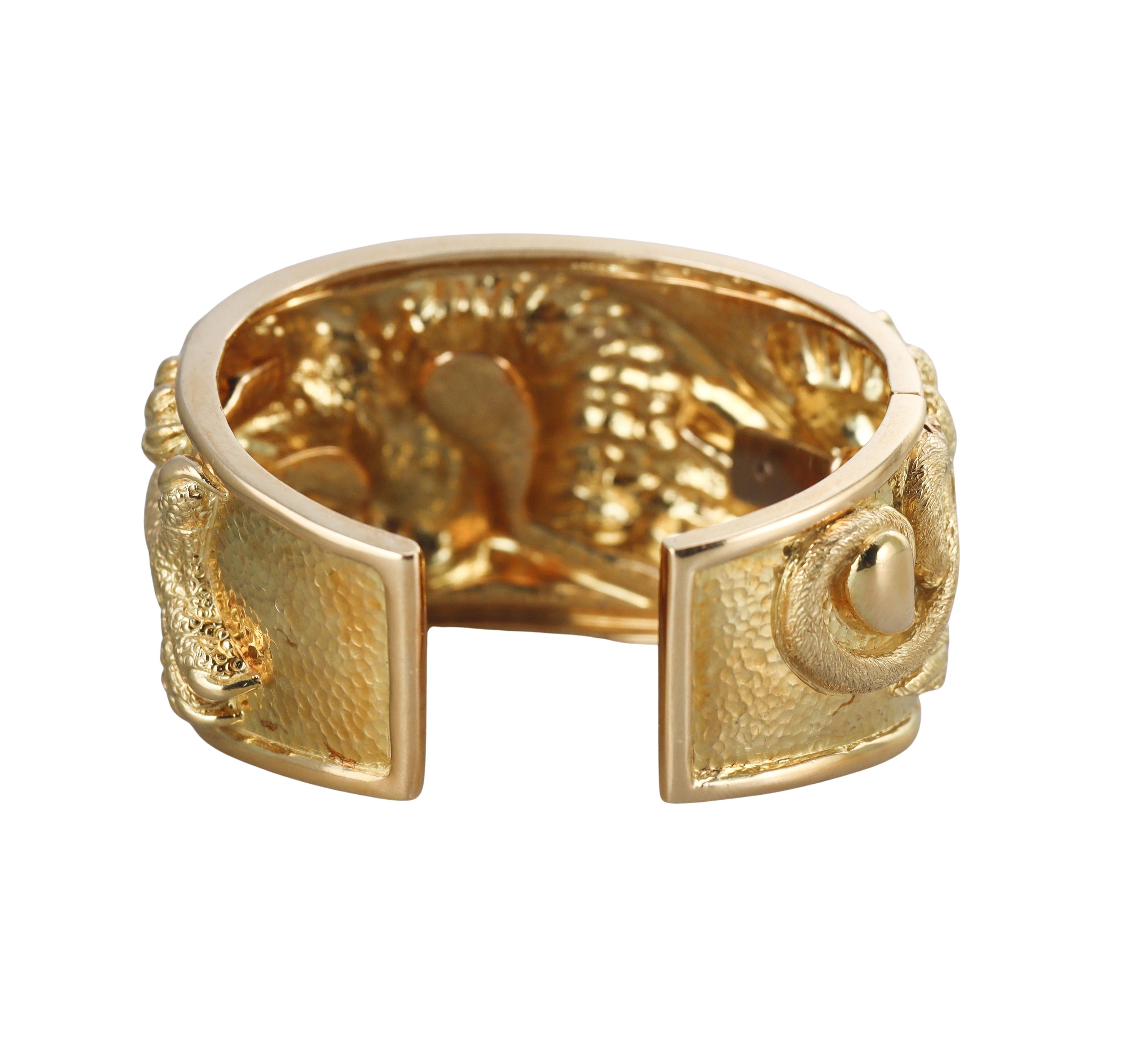 David Webb Gold Ruby Repousse Griffin Cuff Bracelet