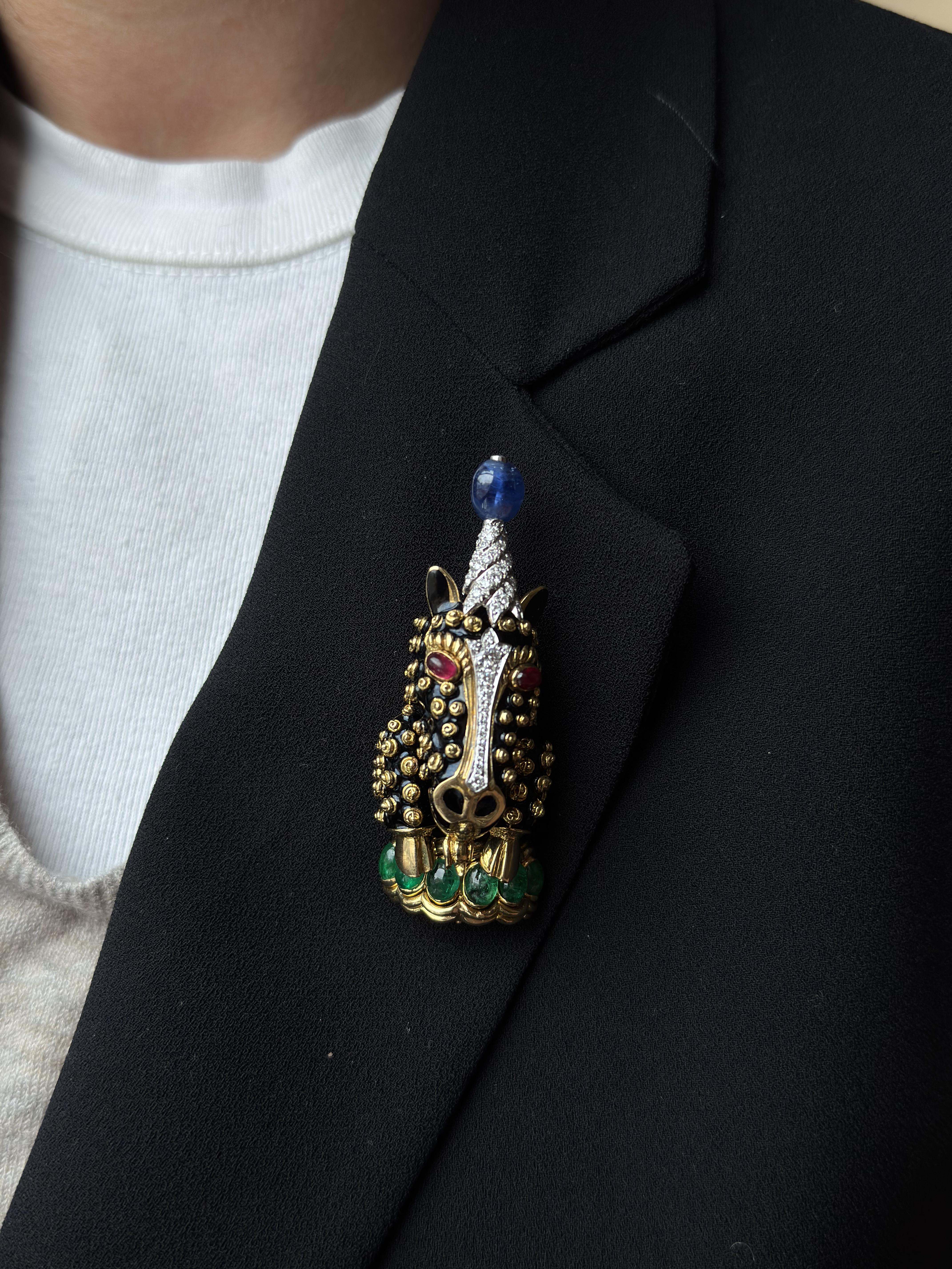 David Webb Unicorn Emerald Sapphire Diamond Ruby Enamel Gold Platinum Brooch
