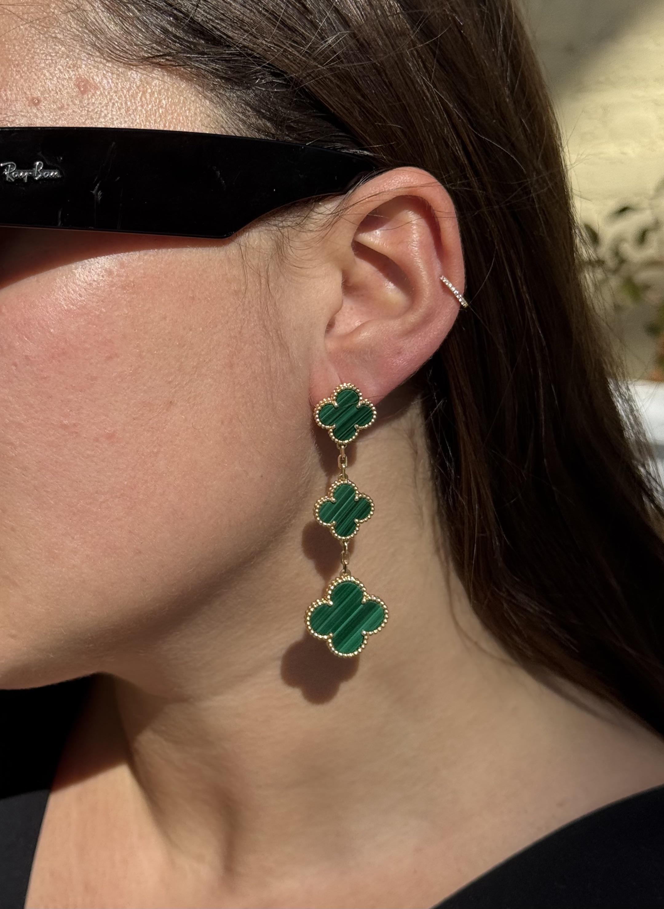 Van Cleef & Arpels Magic Alhambra 3 Motifs Malachite Gold Earrings