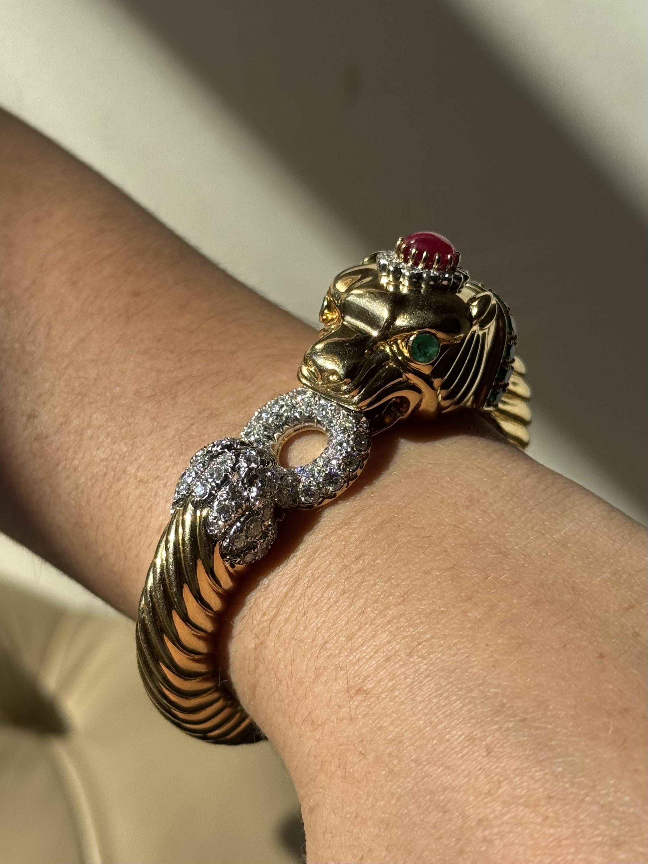 David Webb Diamond Emerald Ruby Gold Platinum Panther Bracelet