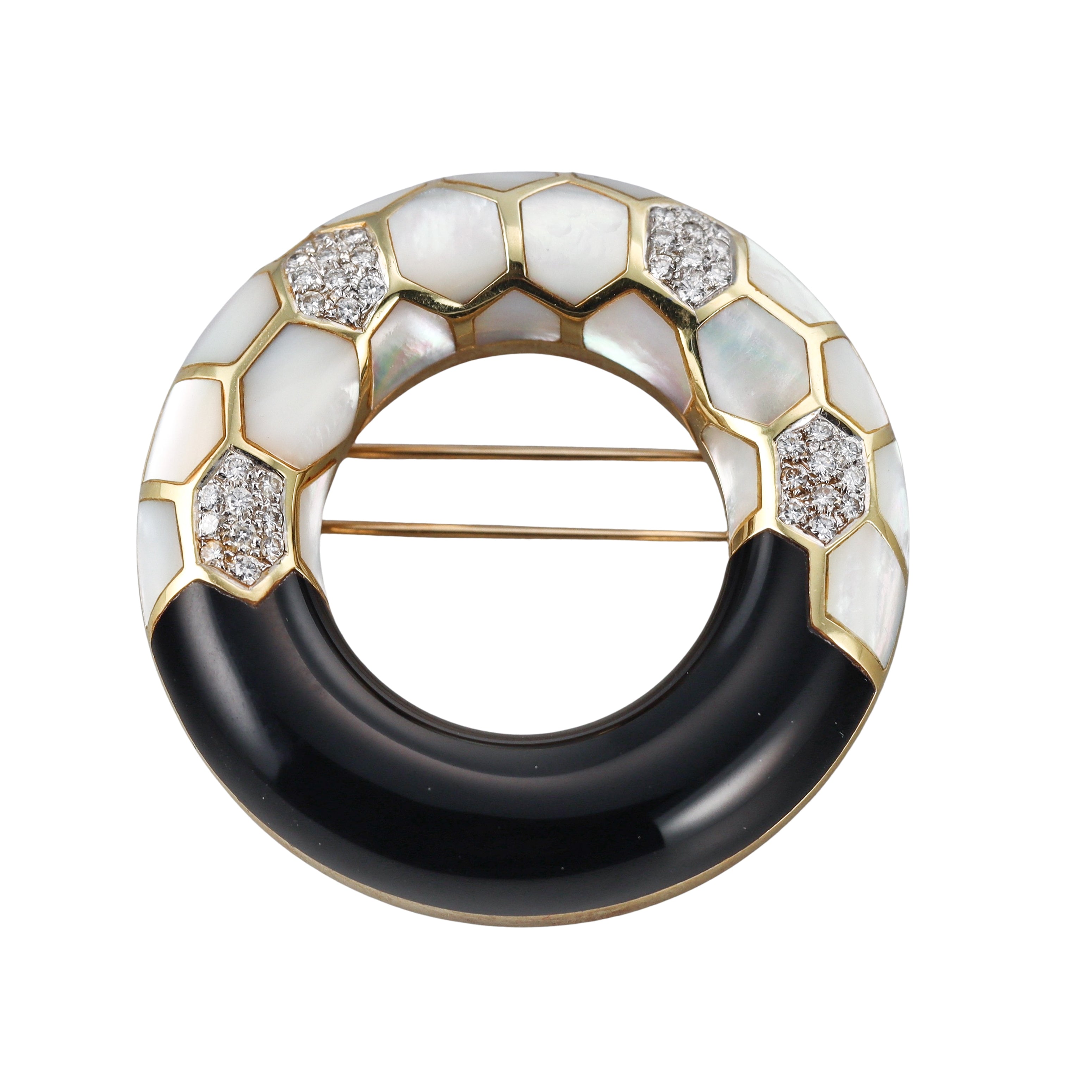 1980s Mother of Pearl Onyx Diamond Honeycomb Gold Brooch