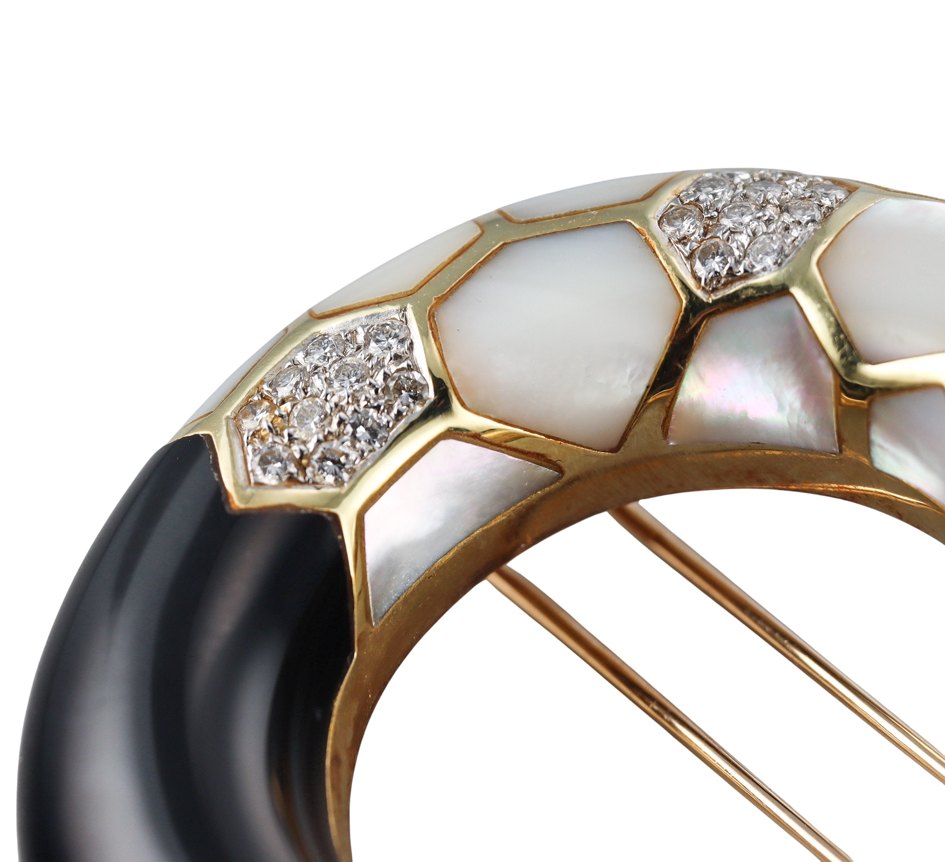1980s Mother of Pearl Onyx Diamond Honeycomb Gold Brooch